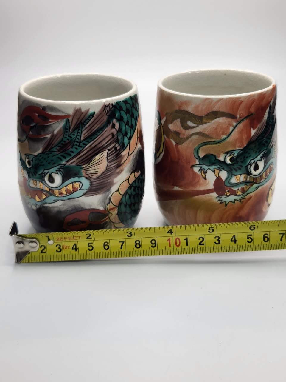 Hand-Painted Dragon Motif Japanese Ceramic Tea Cups (Set of 2)