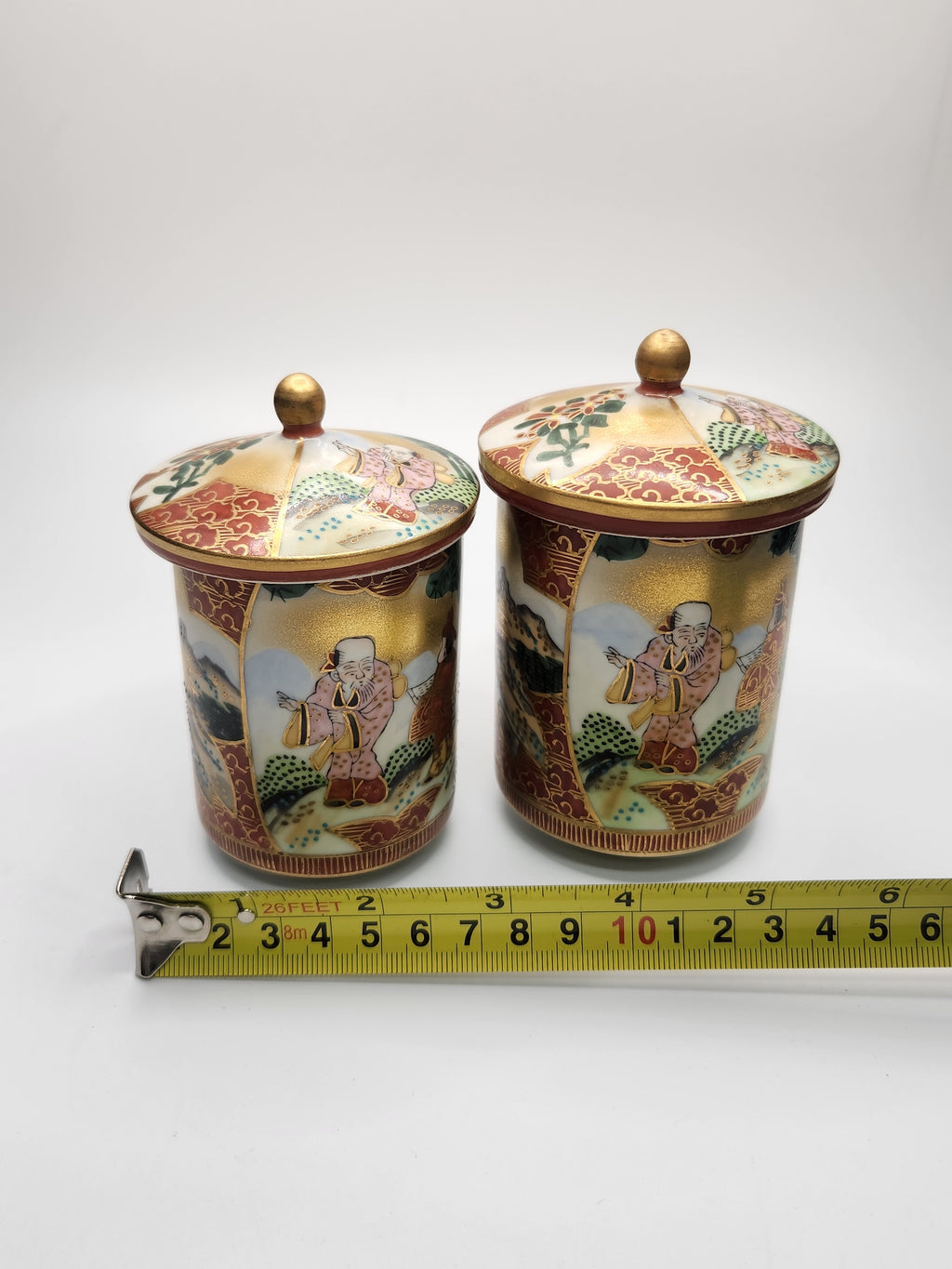 Kutani Ware Covered Tea Cups (Pair) | Hand-Painted & Gilded