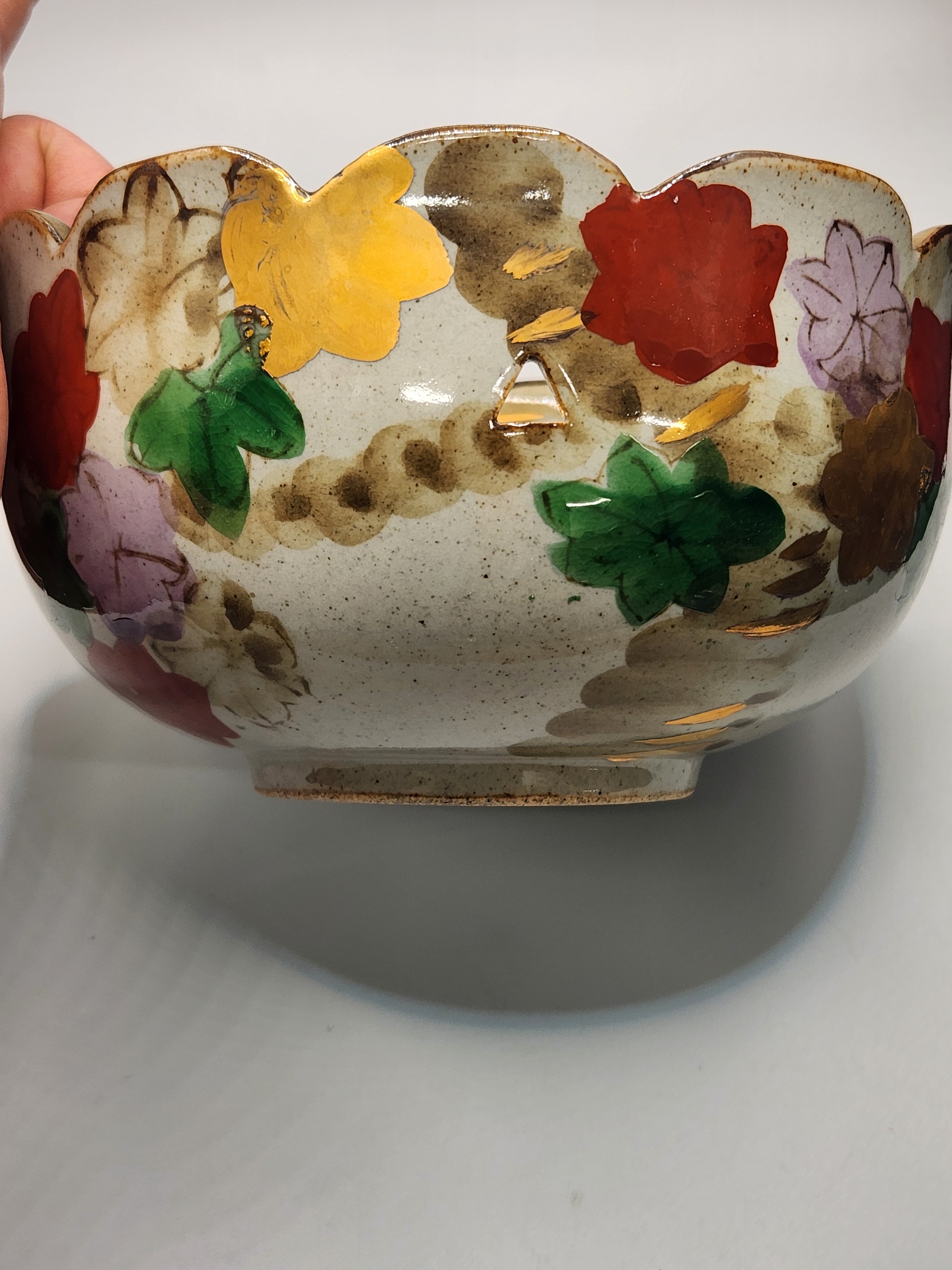 Kutani Ware Hand-Painted Floral Bowl with Gilded Rim