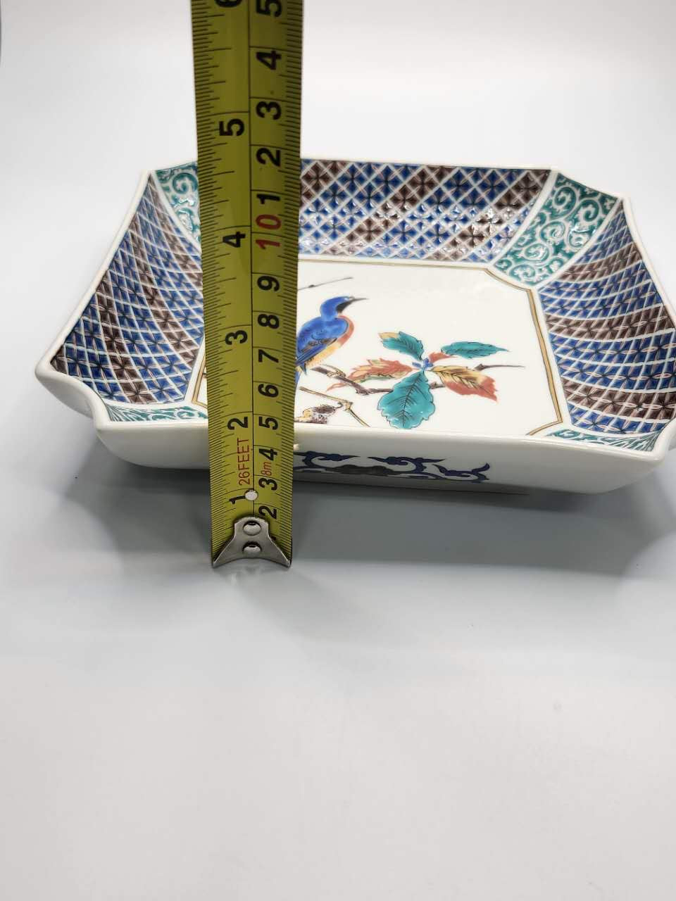 Japanese Hand-Painted Square Porcelain Plate with Bird Motif