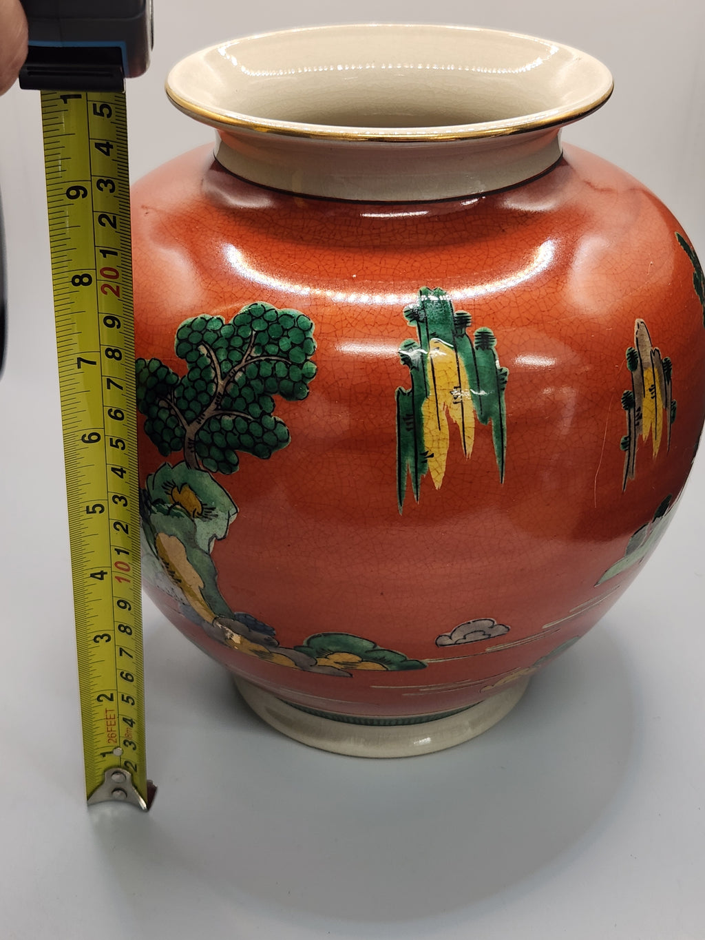 Kutani Ware Hand-Painted Red-Ground Landscape Vase (Vintage)