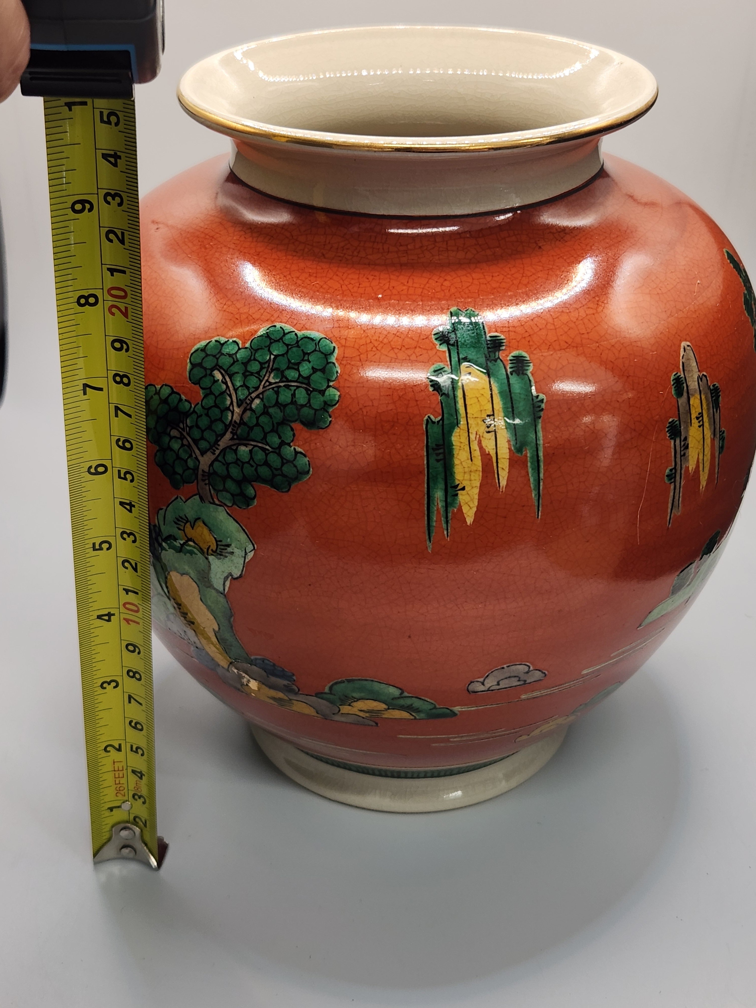 Kutani Ware Hand-Painted Red-Ground Landscape Vase (Vintage)