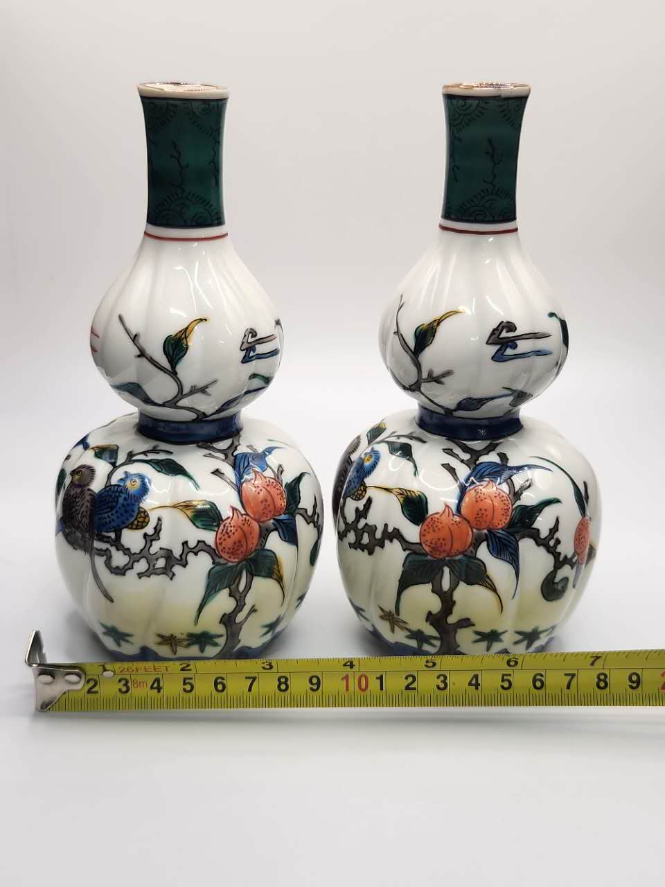 Hand-Painted Floral & Bird Double Gourd Porcelain Vases (Pair)