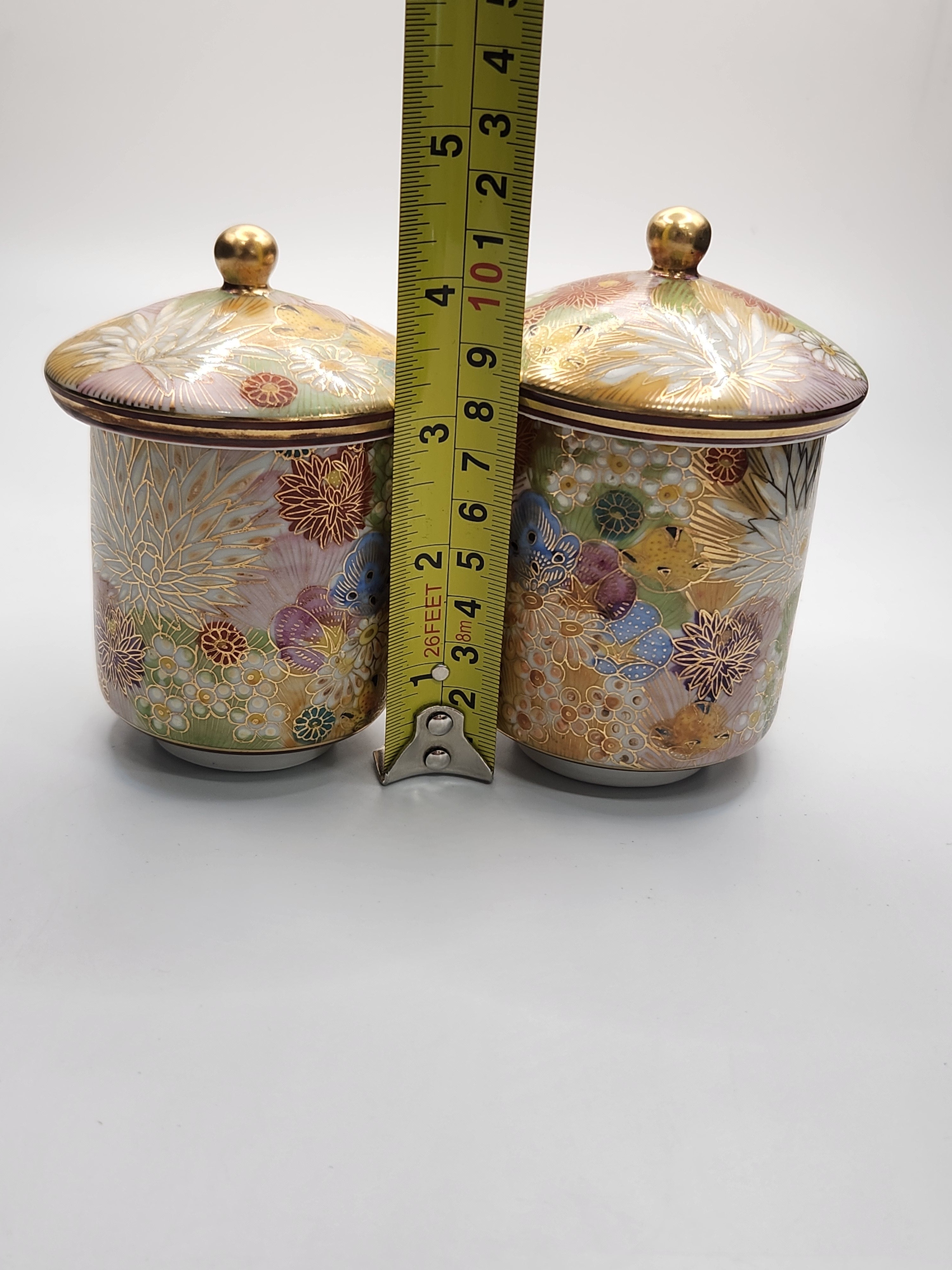 Kutani Ware Hand-Painted Gilded Lidded Tea Cup Pair
