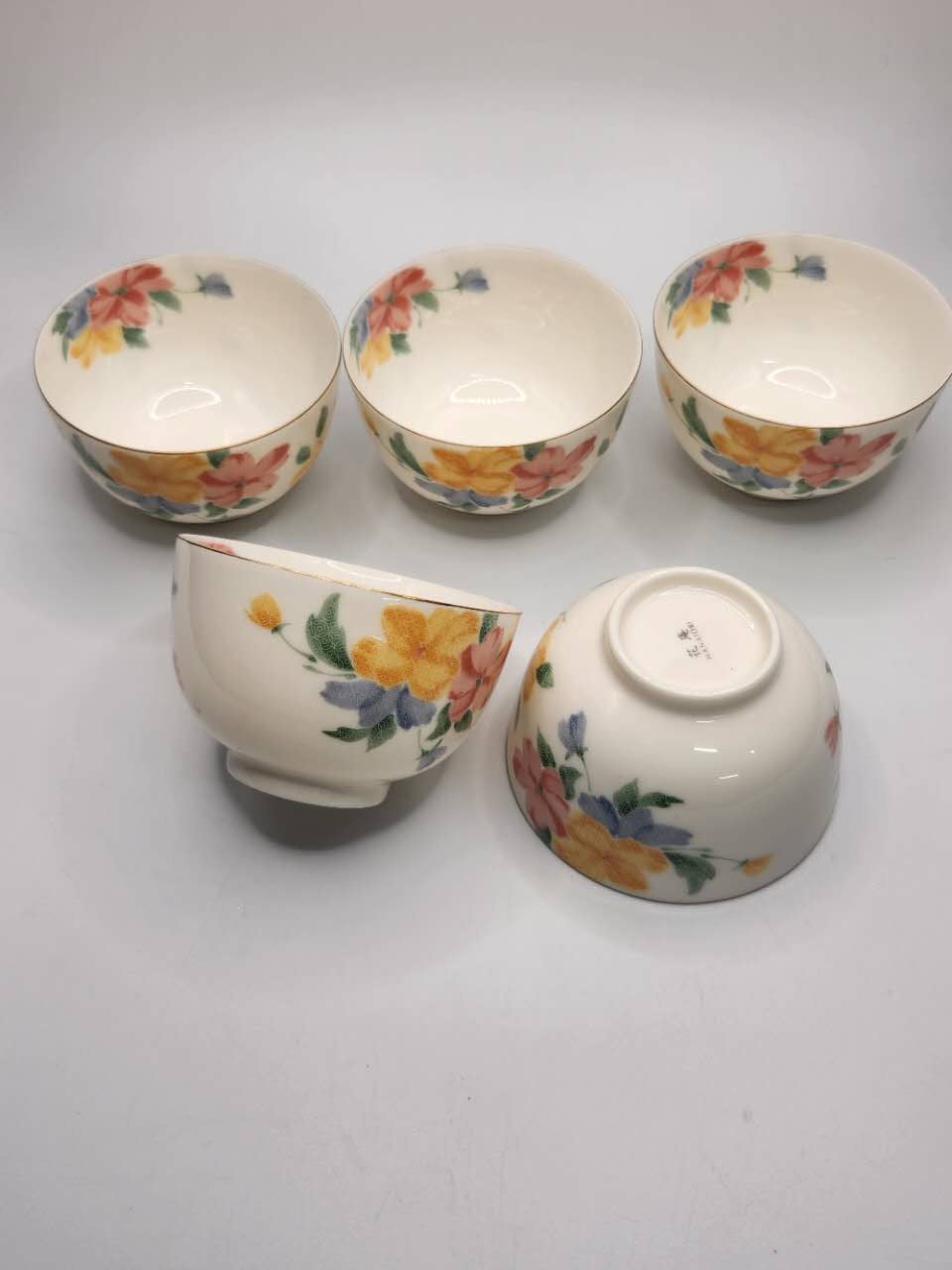 Japanese Hand-Painted Floral Porcelain Rice Bowl Set (Set of 5)