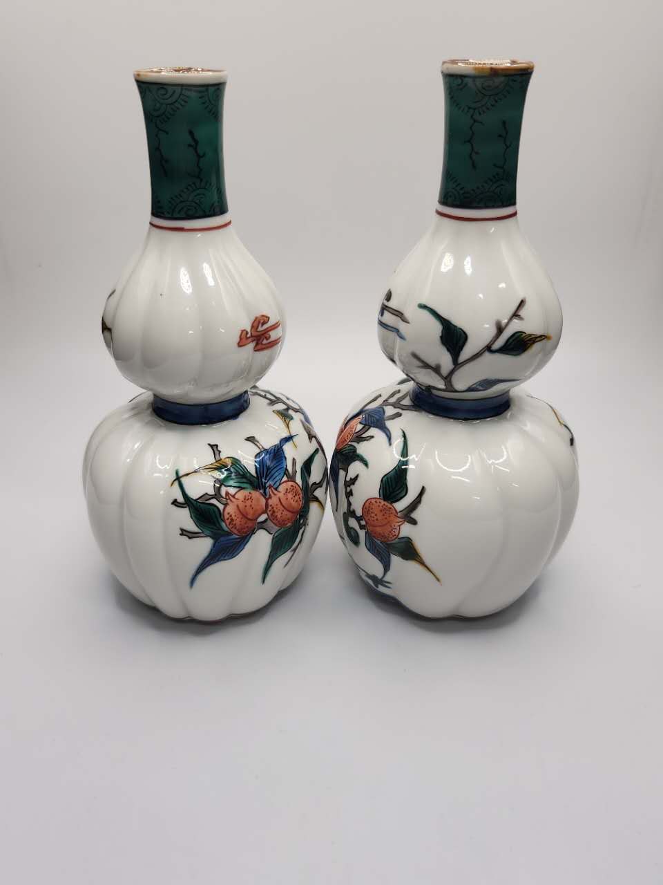 Hand-Painted Floral & Bird Double Gourd Porcelain Vases (Pair)