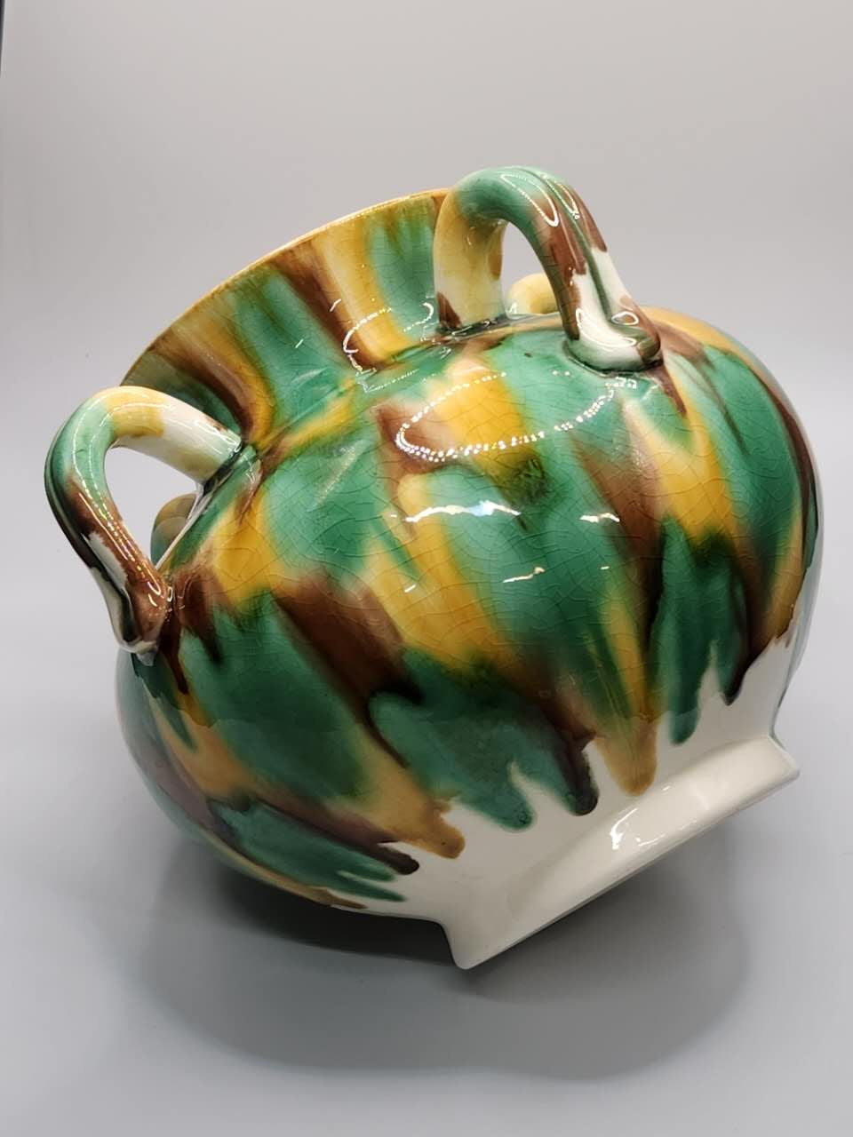 Handcrafted Tri-Handle Glazed Ceramic Vase