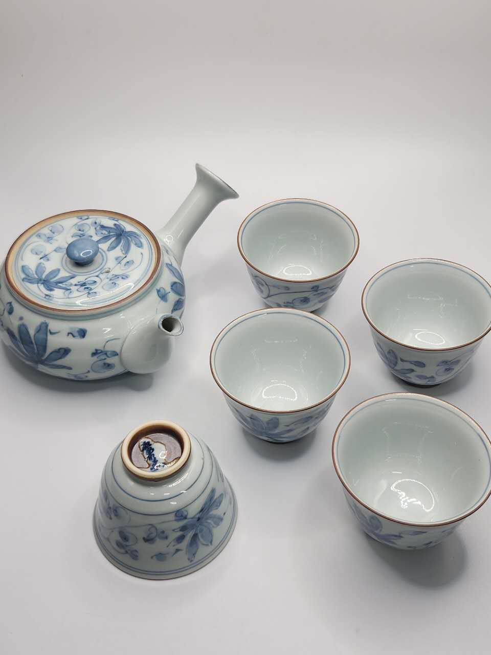 Hand-Painted Blue & White Japanese Teapot Set (1 Teapot + 5 Cups)