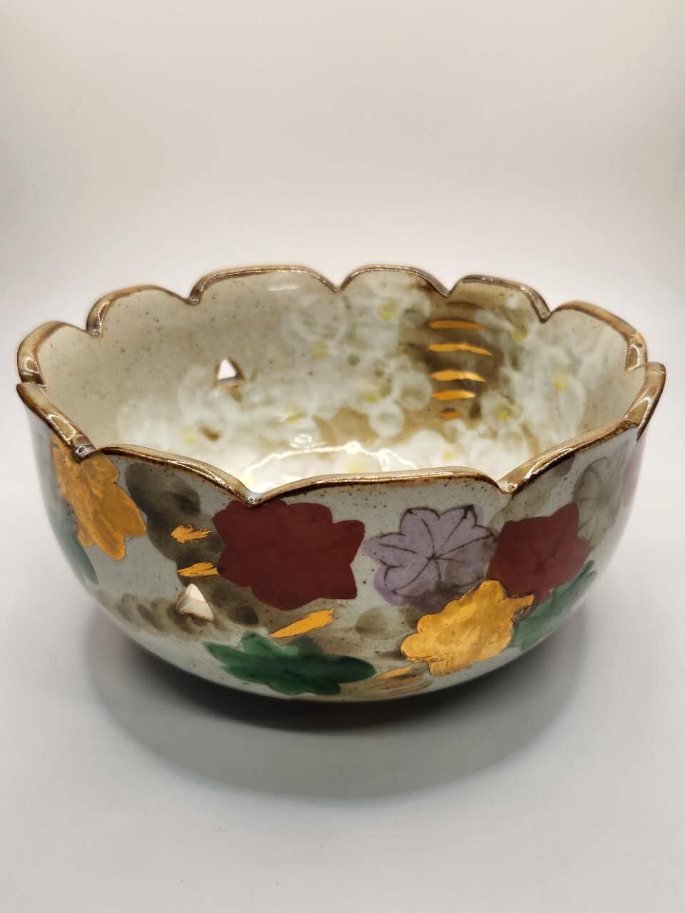 Hand-Painted Floral Scalloped Bowl with Gilded Rim