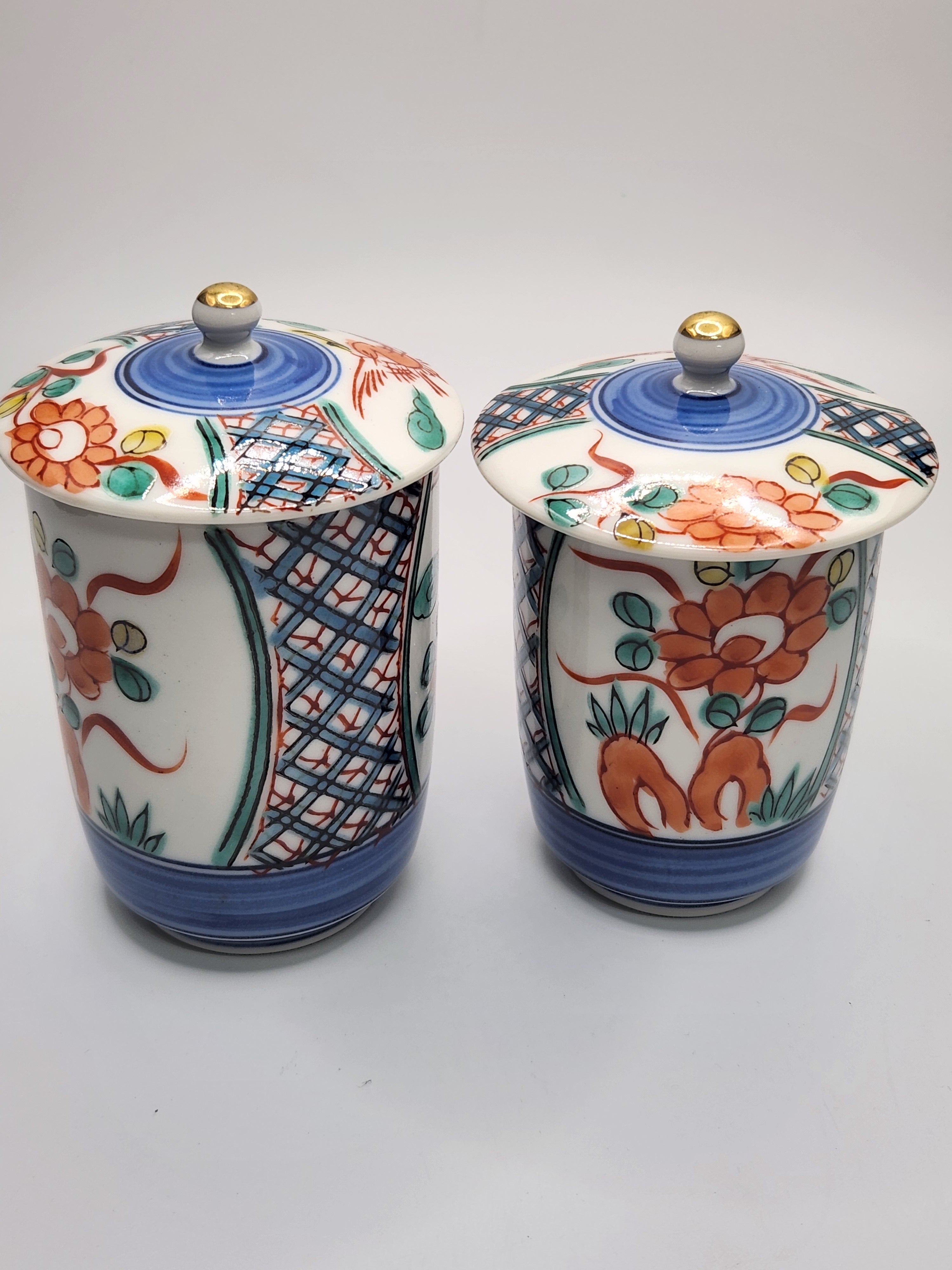Kutani Ware Hand-Painted Lidded Tea Cups – Pair Set