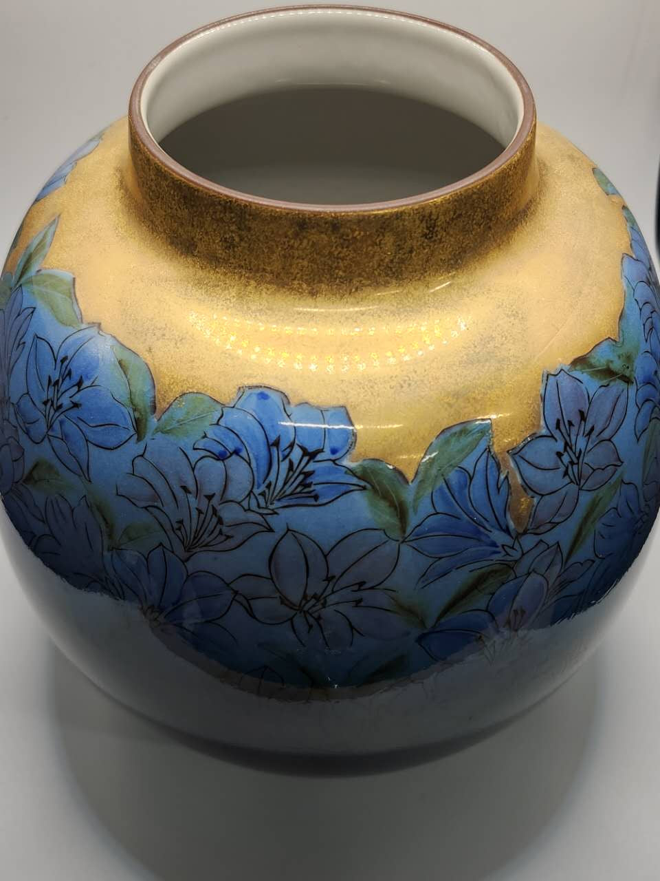 Gilded Blue Floral Handcrafted Ceramic Vase