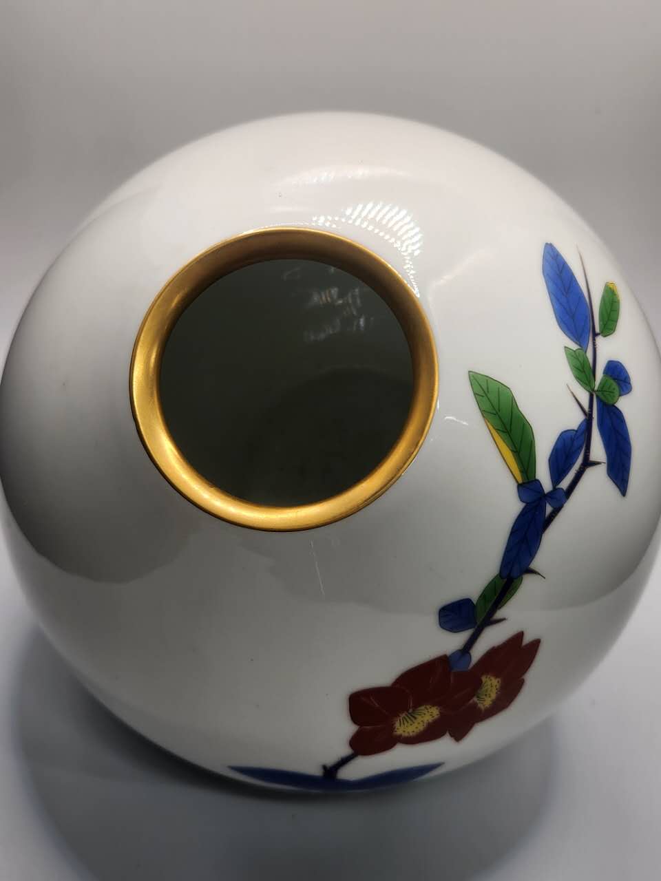 Hand-Painted Floral Porcelain Vase with Gilded Rim