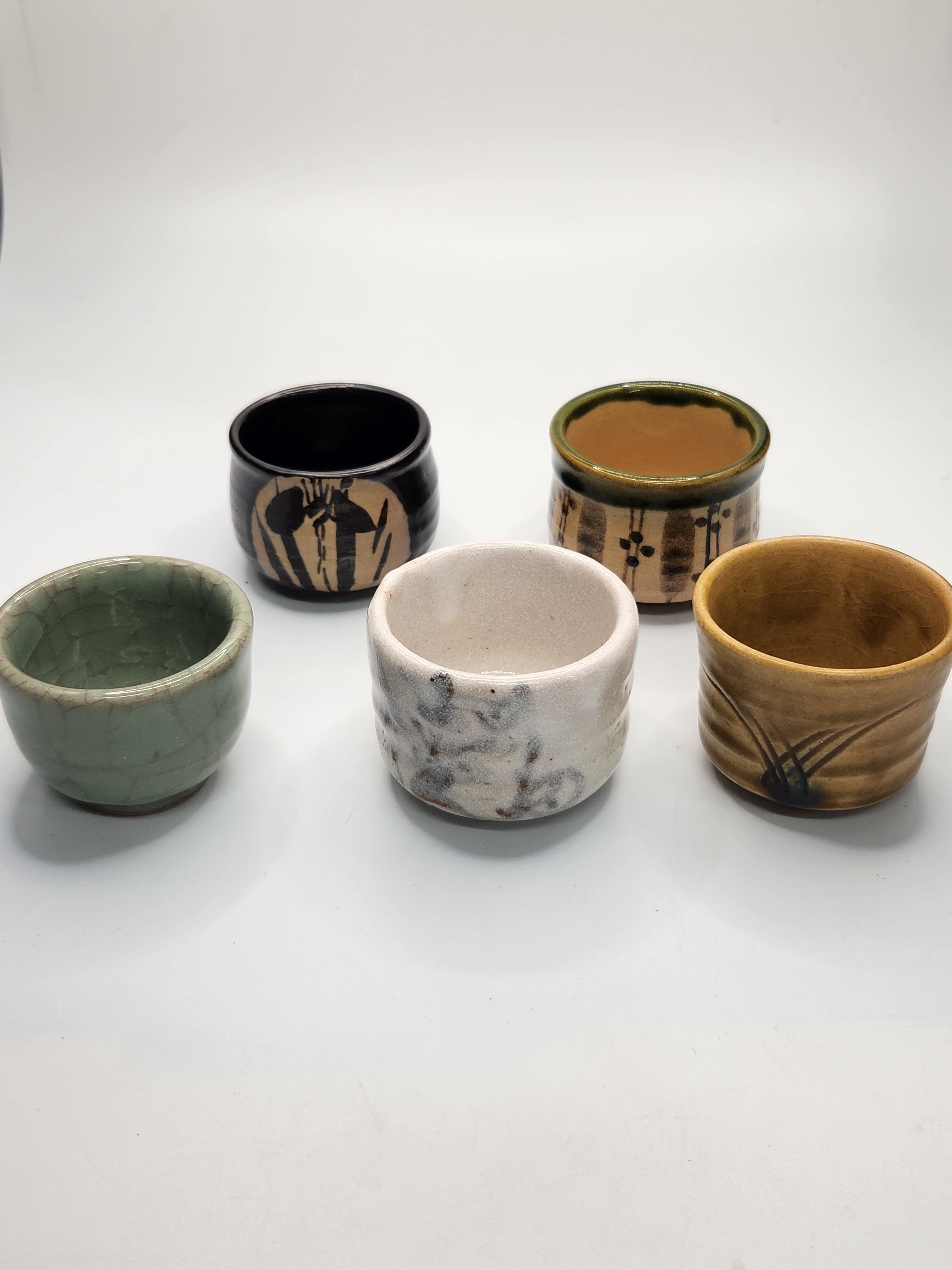 Japanese Handmade Stoneware Sake Cup Set · Assorted Glaze (Set of 5)