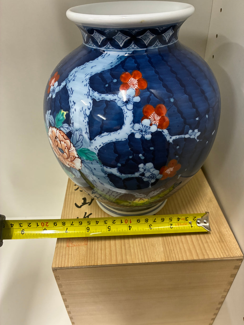 Dark Blue Hand-Painted Floral Porcelain Vase