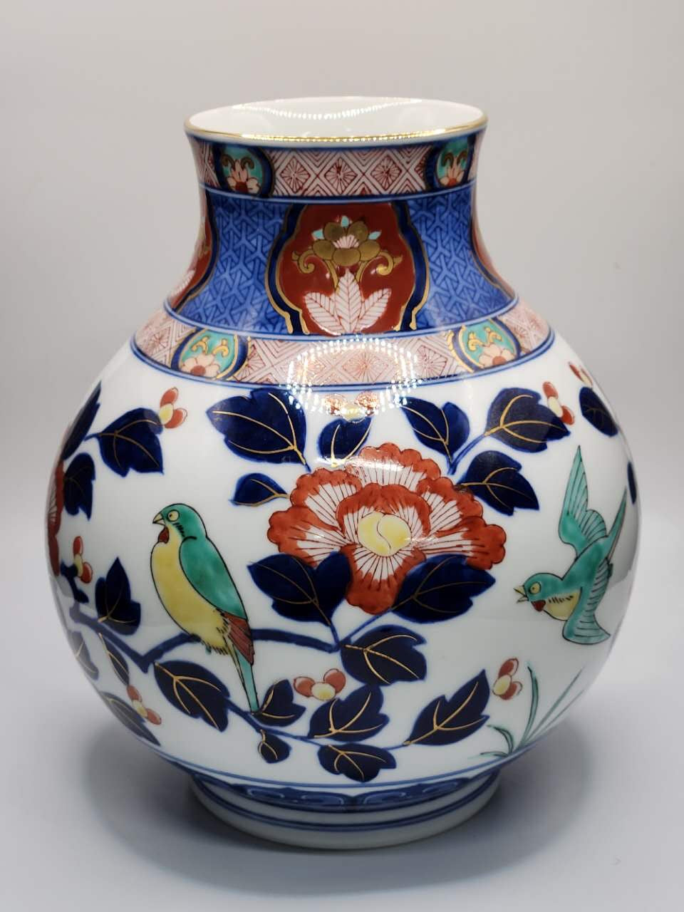 Japanese Hand-Painted Floral & Bird Porcelain Vase