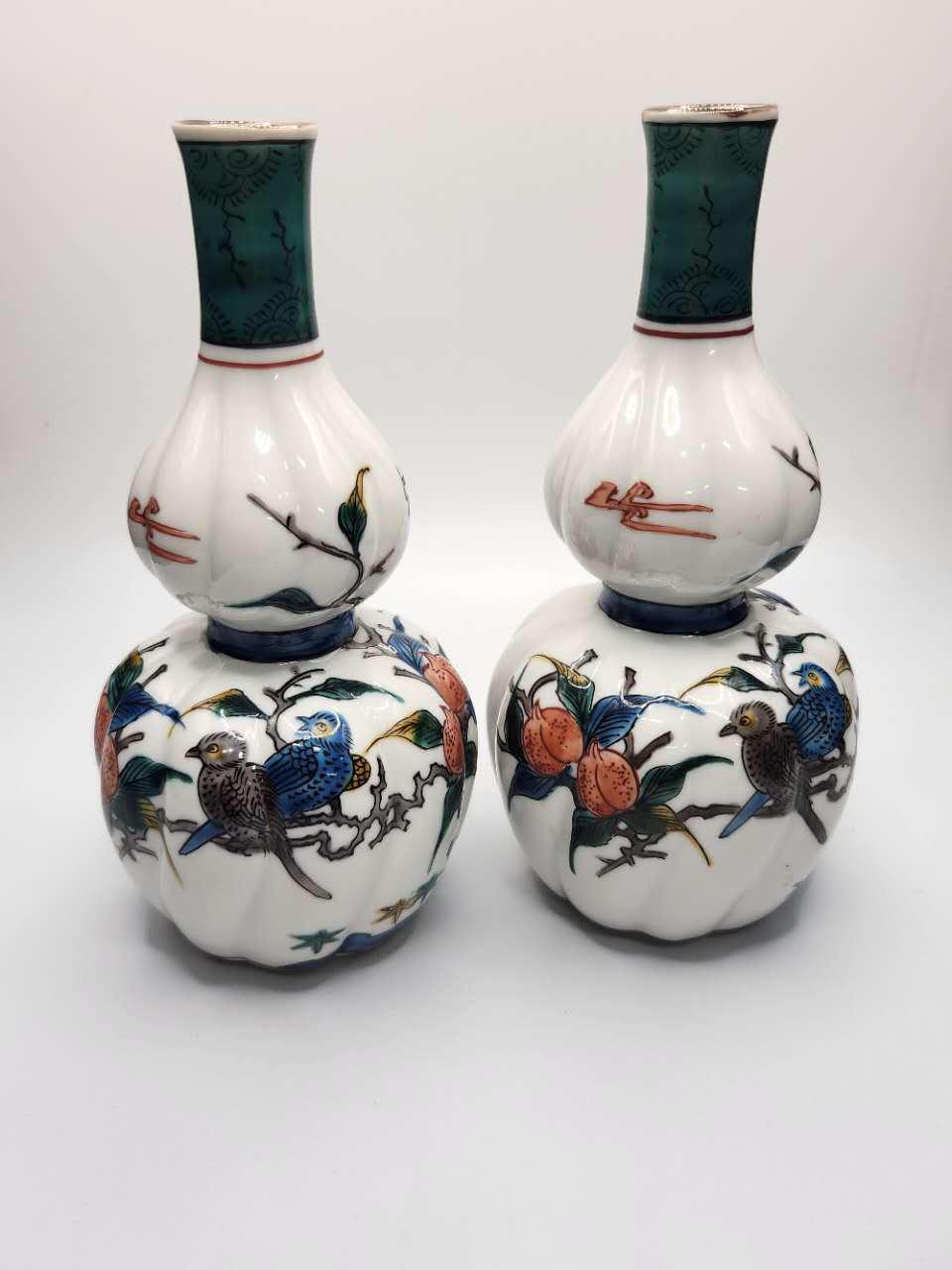 Hand-Painted Floral & Bird Double Gourd Porcelain Vases (Pair)