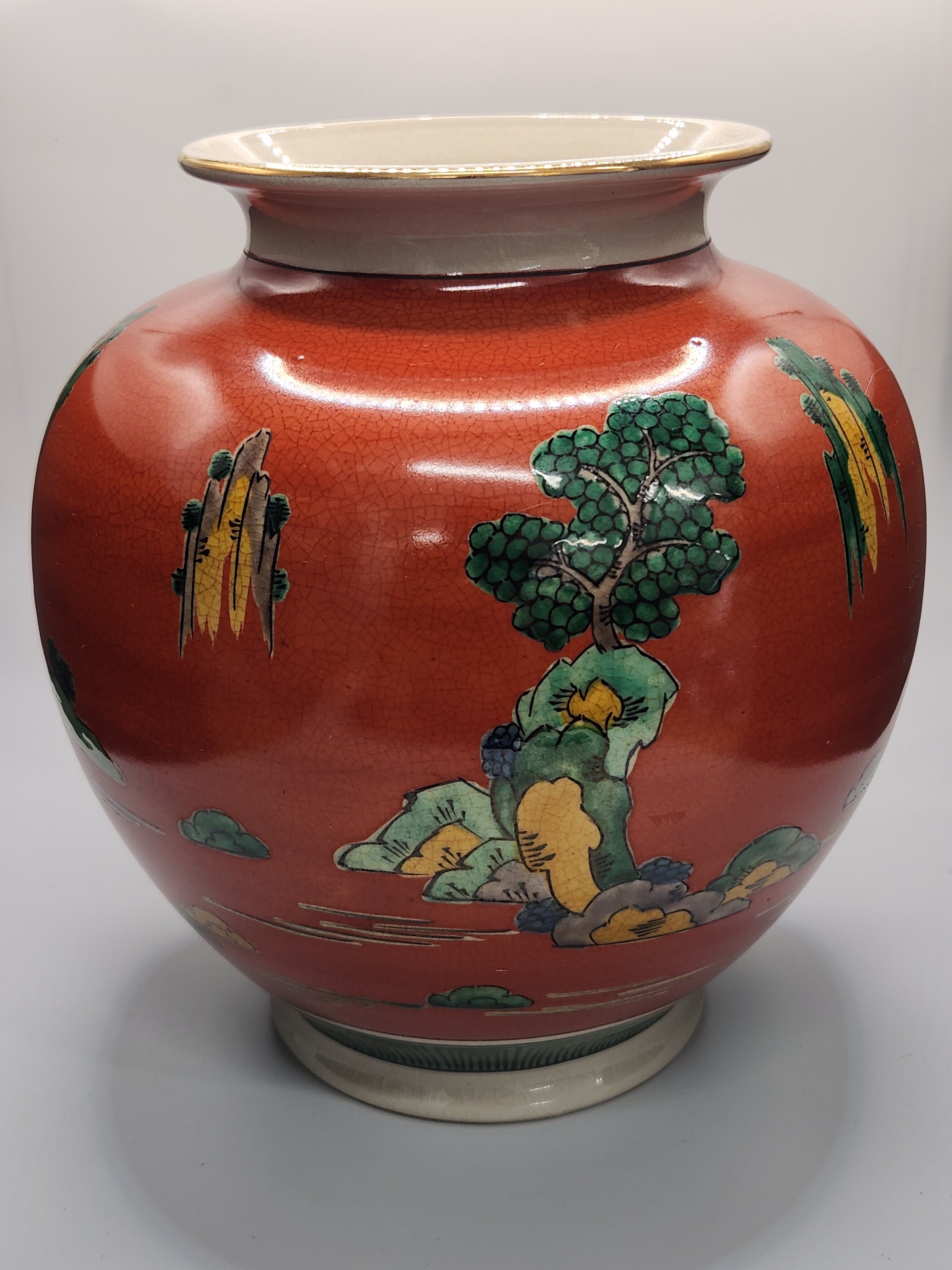 Kutani Ware Hand-Painted Red-Ground Landscape Vase (Vintage)