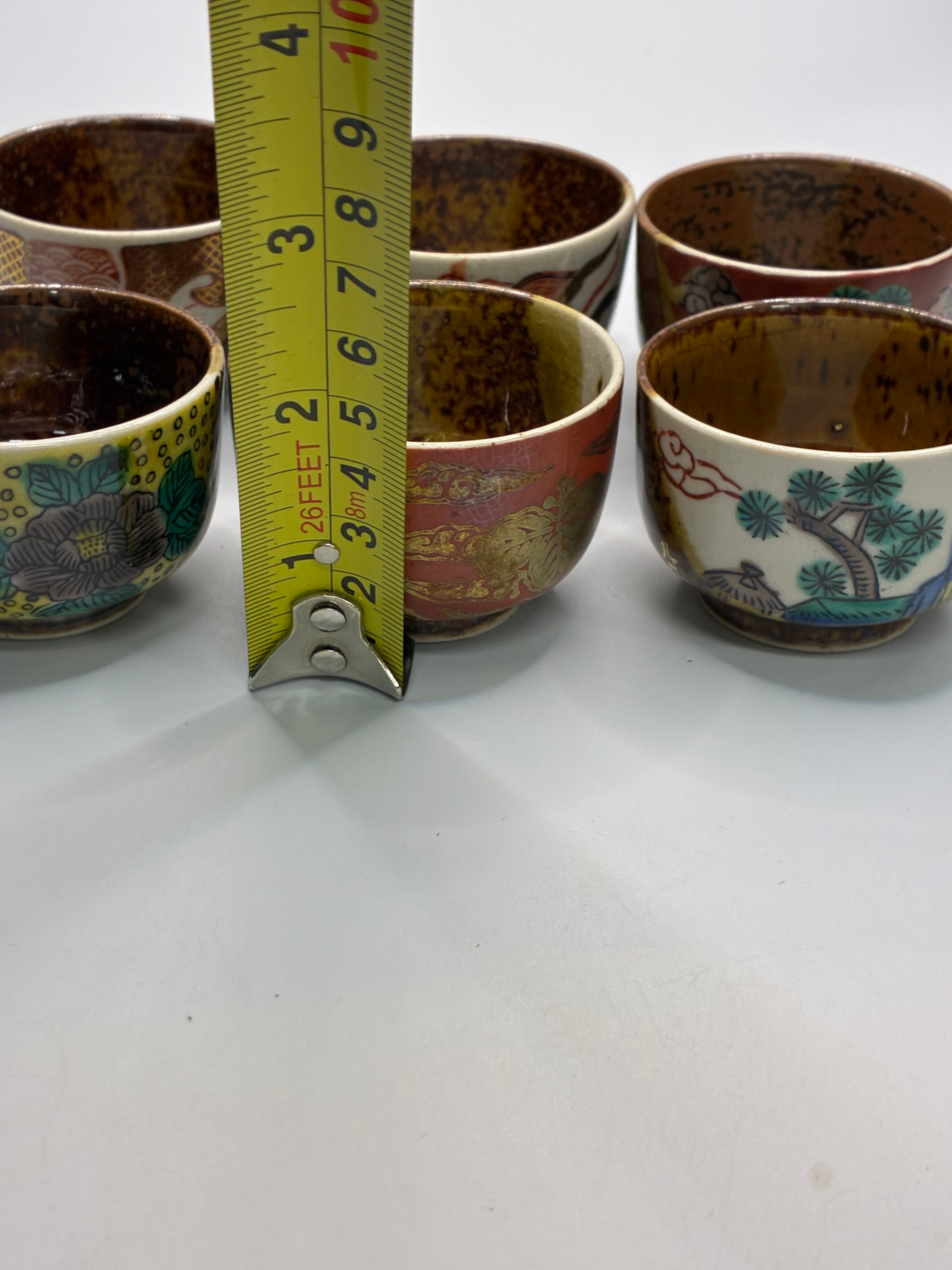 Kutani Ware Hand-Painted Vintage Sake Cups | Set of 6 (Mixed Designs)