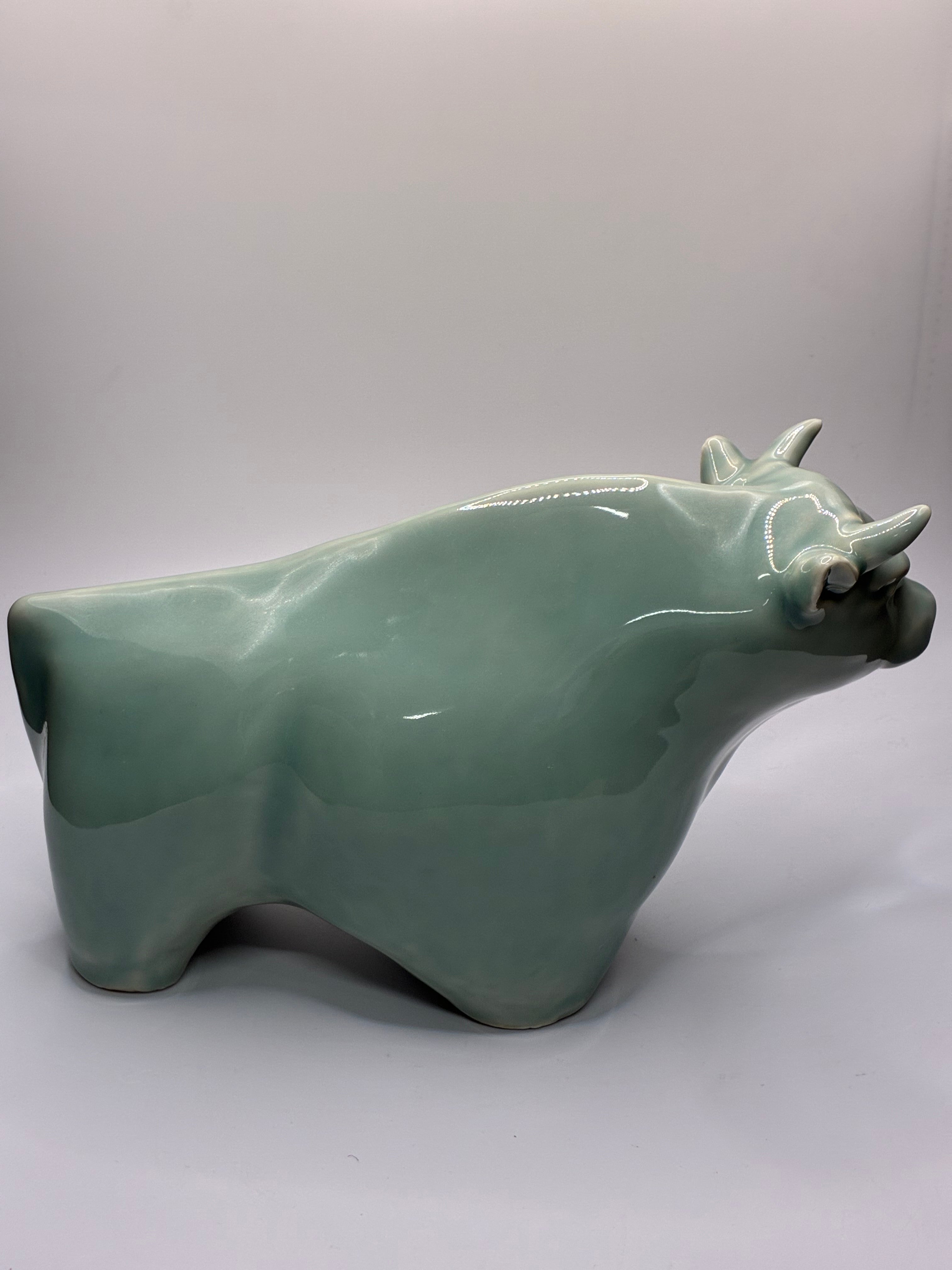 Japanese Celadon Ox Figurine – Glazed Porcelain Decorative Ornament