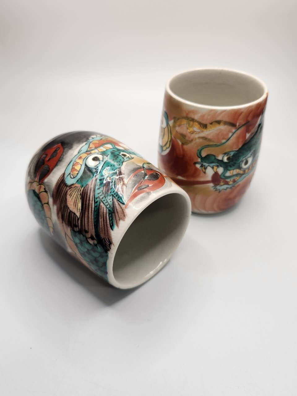 Hand-Painted Dragon Motif Japanese Ceramic Tea Cups (Set of 2)