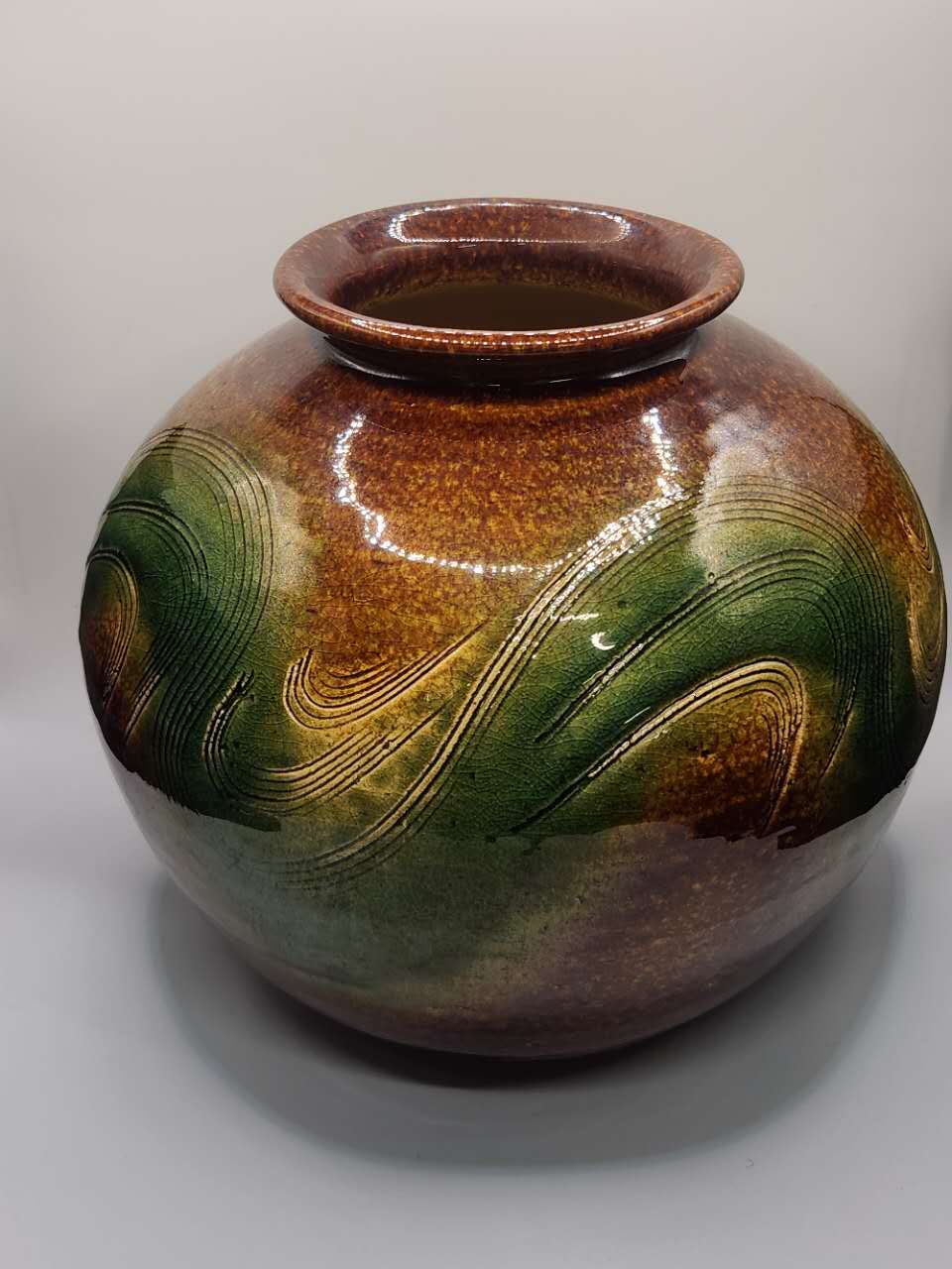 Handcrafted Art Ceramic Vase – Green & Amber Flow Glaze