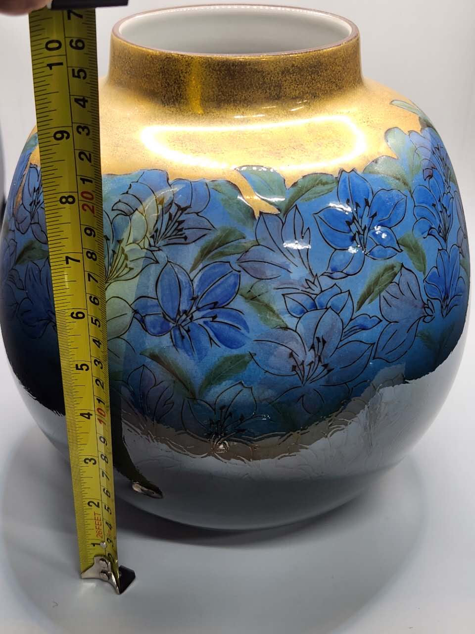 Gilded Blue Floral Handcrafted Ceramic Vase