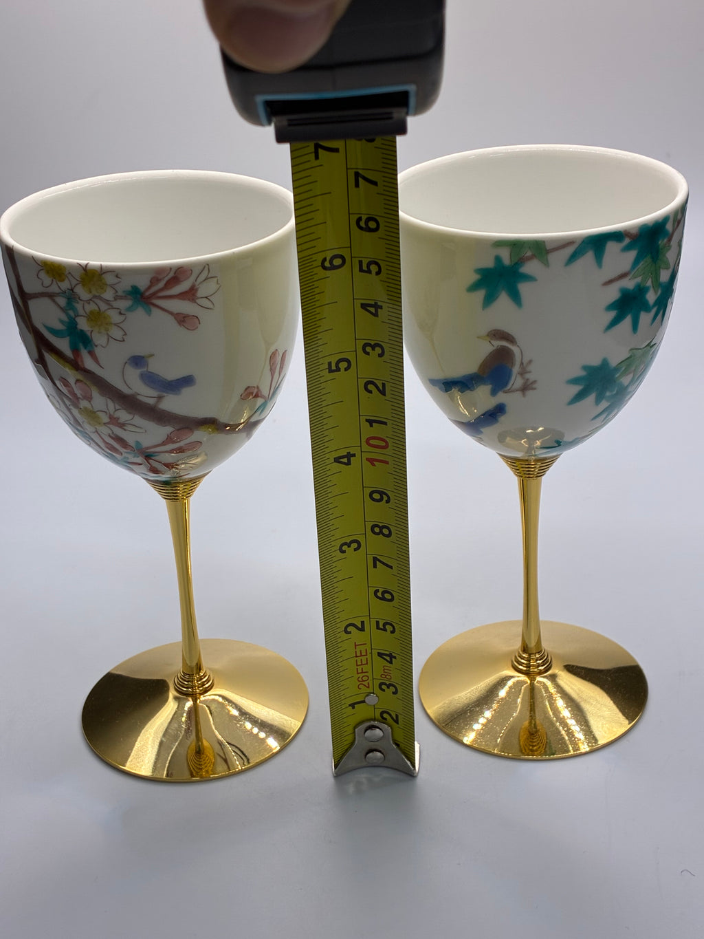 Japanese Porcelain Goblet Cups with Gold Stem – Floral Design, Set of 2