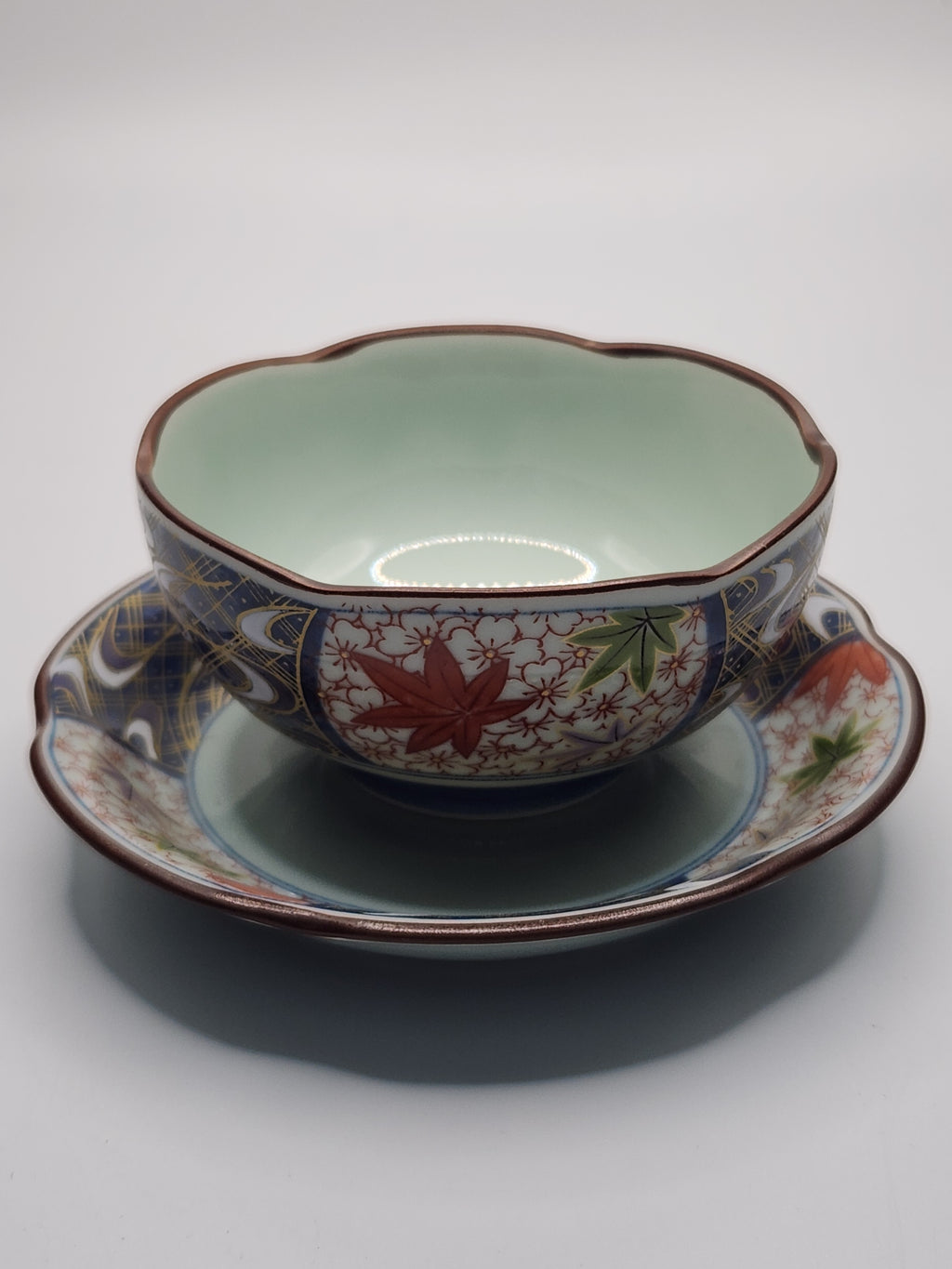 Japanese Hand-Painted Floral Lidded Teacup with Saucer | Traditional Ceramic Tea Art