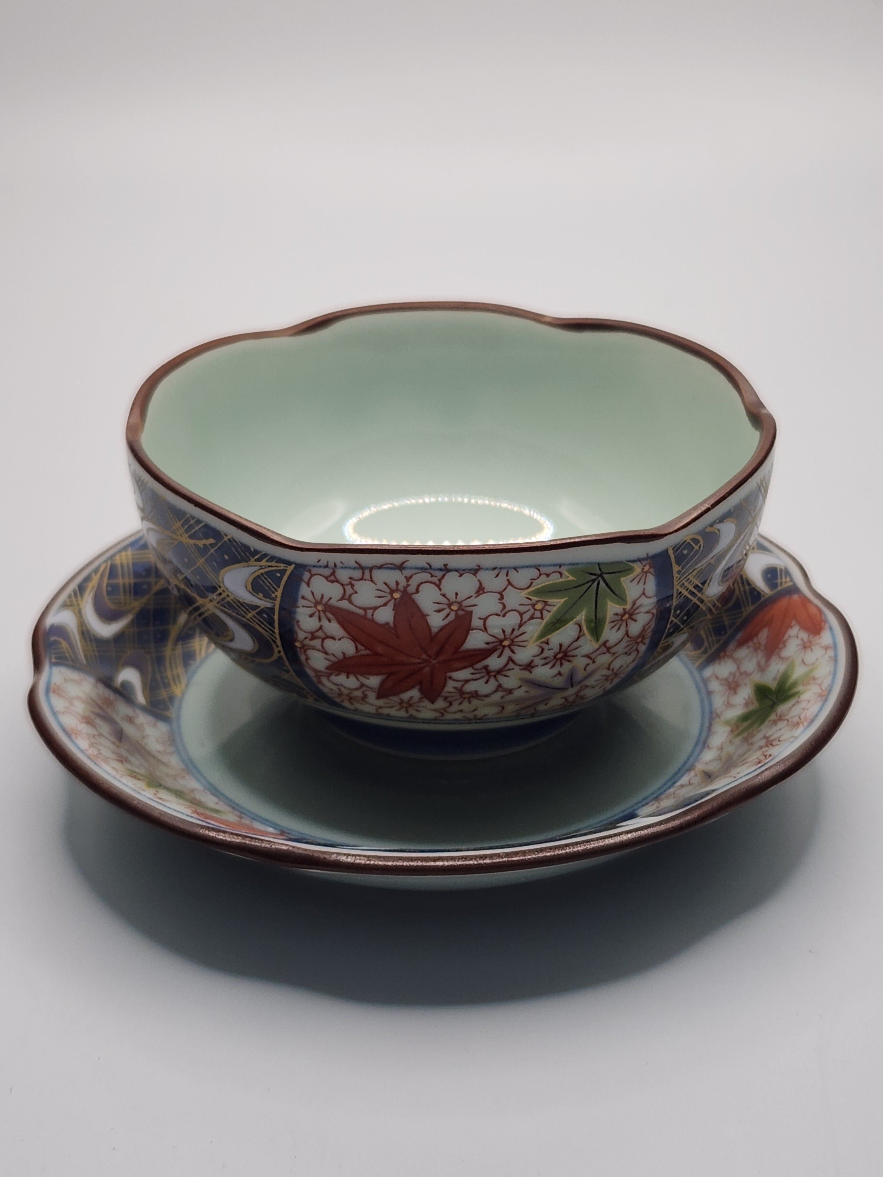 Japanese Hand-Painted Floral Lidded Teacup with Saucer | Traditional Ceramic Tea Art