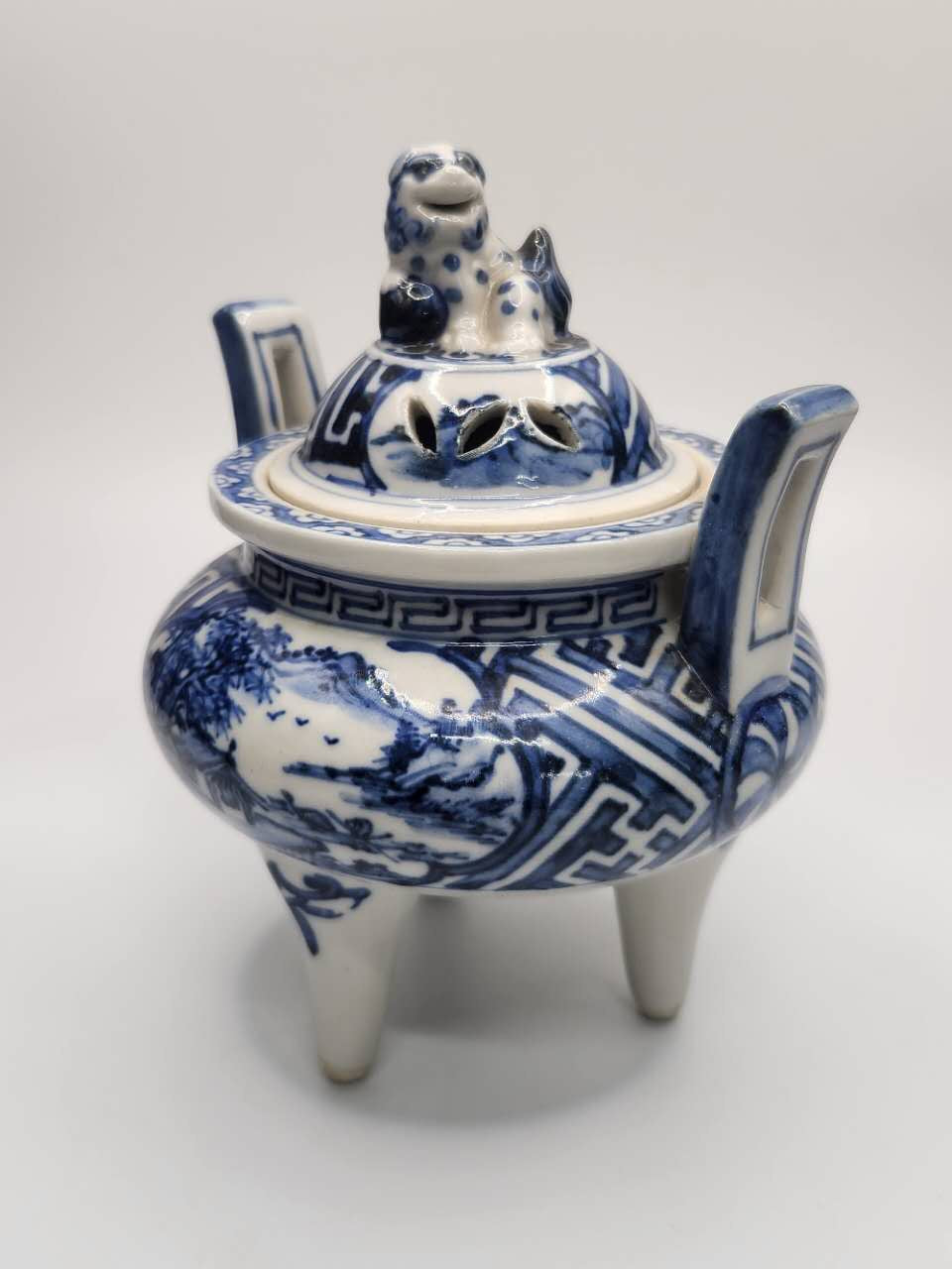 Blue & White Lion-Handle Tripod Incense Burner