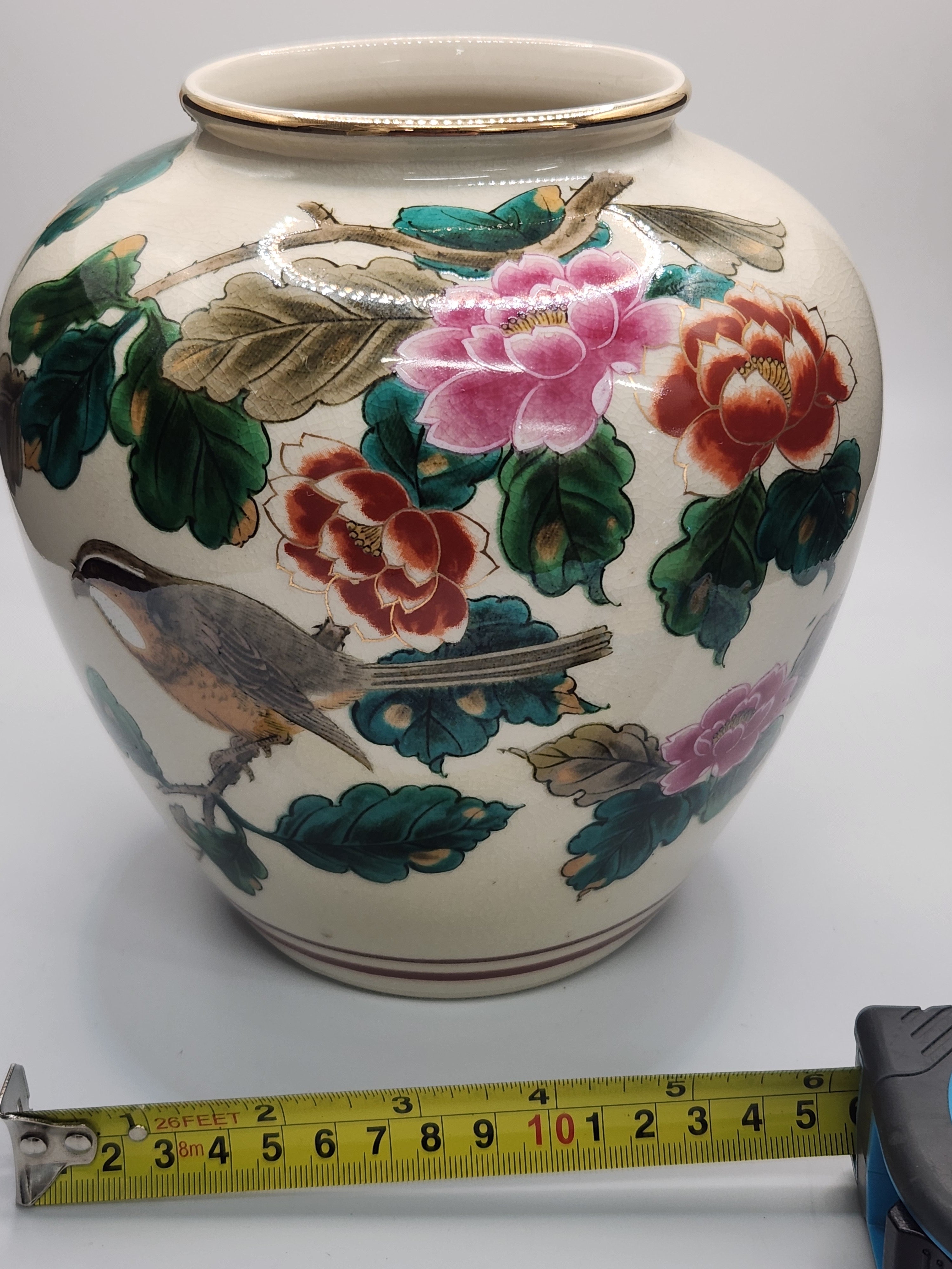 Kutani Hand-Painted Floral & Bird Vase