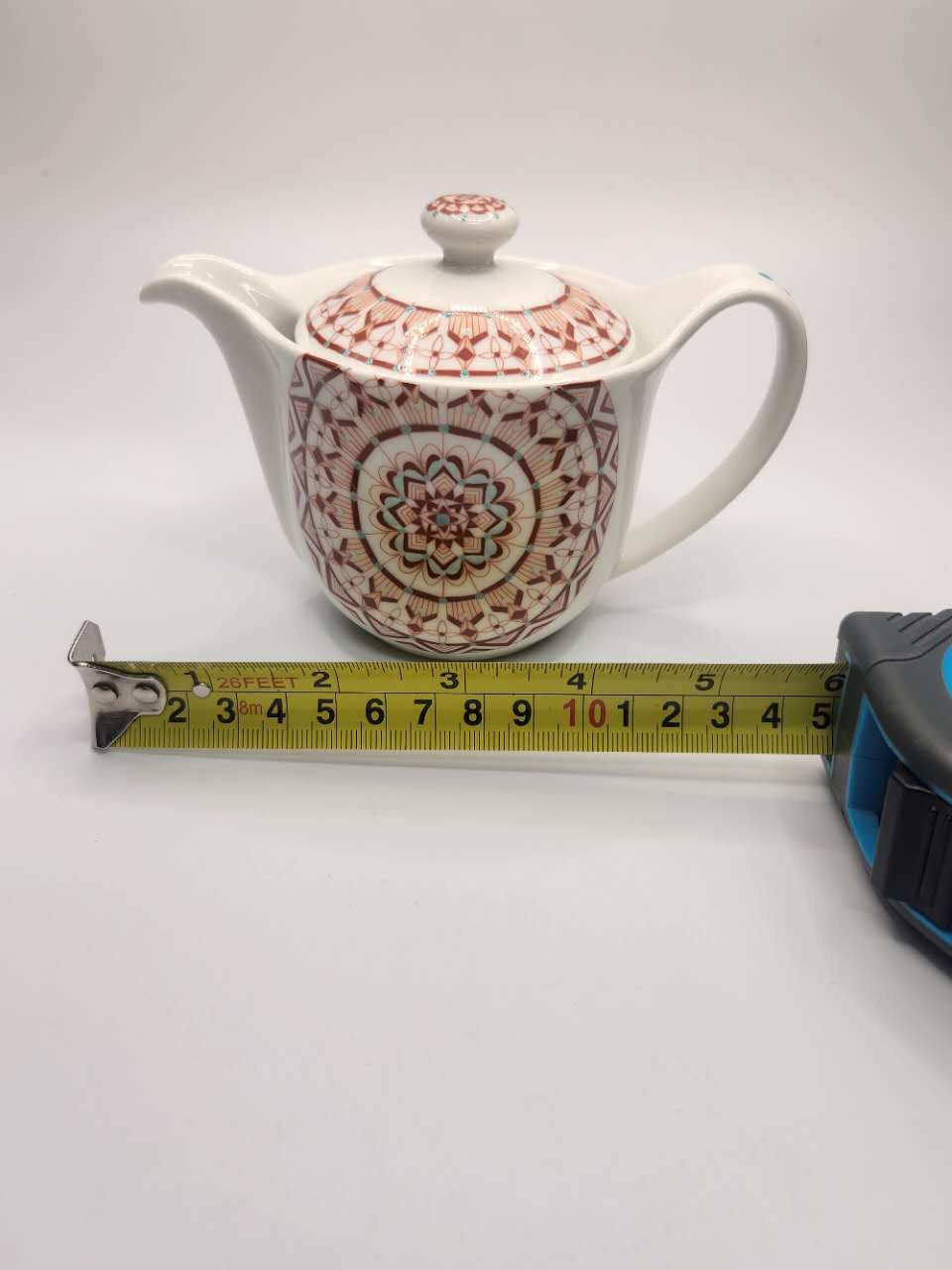 Japanese Porcelain Teapot with Red Geometric Motif
