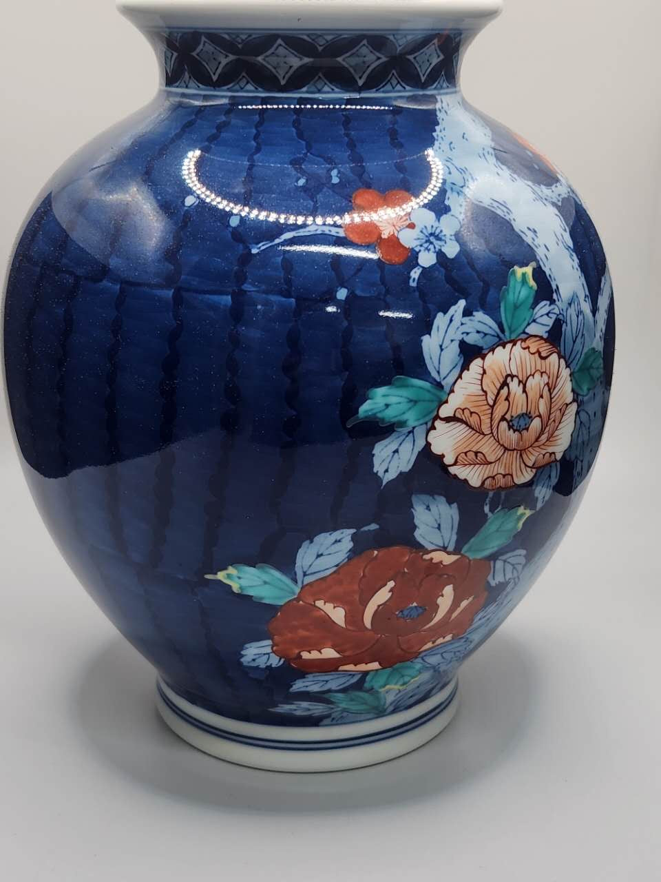 Dark Blue Hand-Painted Floral Porcelain Vase