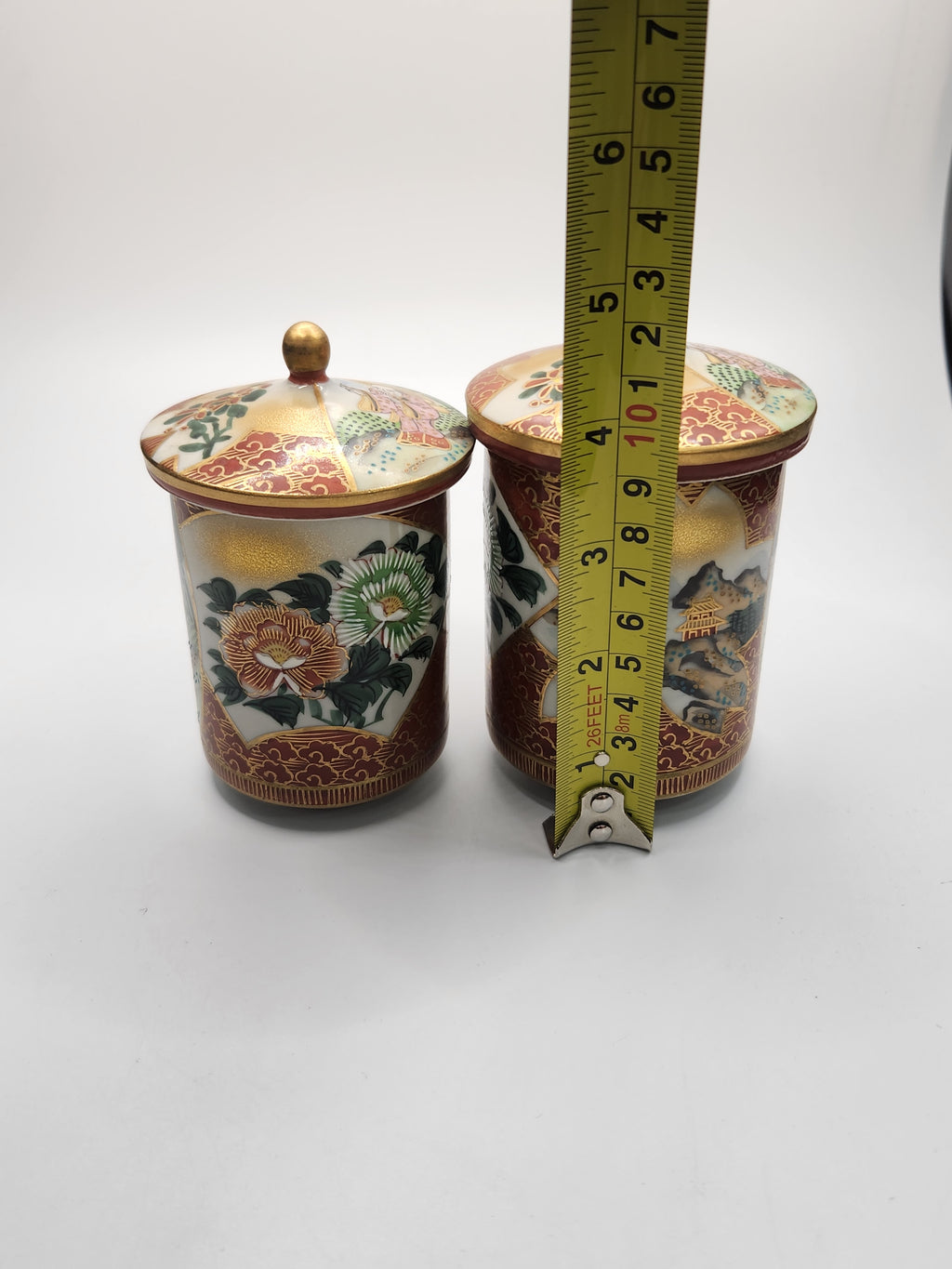 Kutani Ware Covered Tea Cups (Pair) | Hand-Painted & Gilded