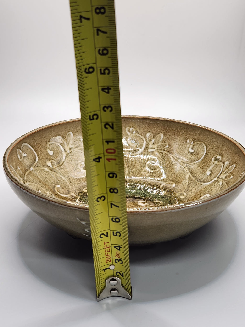 Vintage Japanese Glazed Bowl with Incised Arabesque Pattern