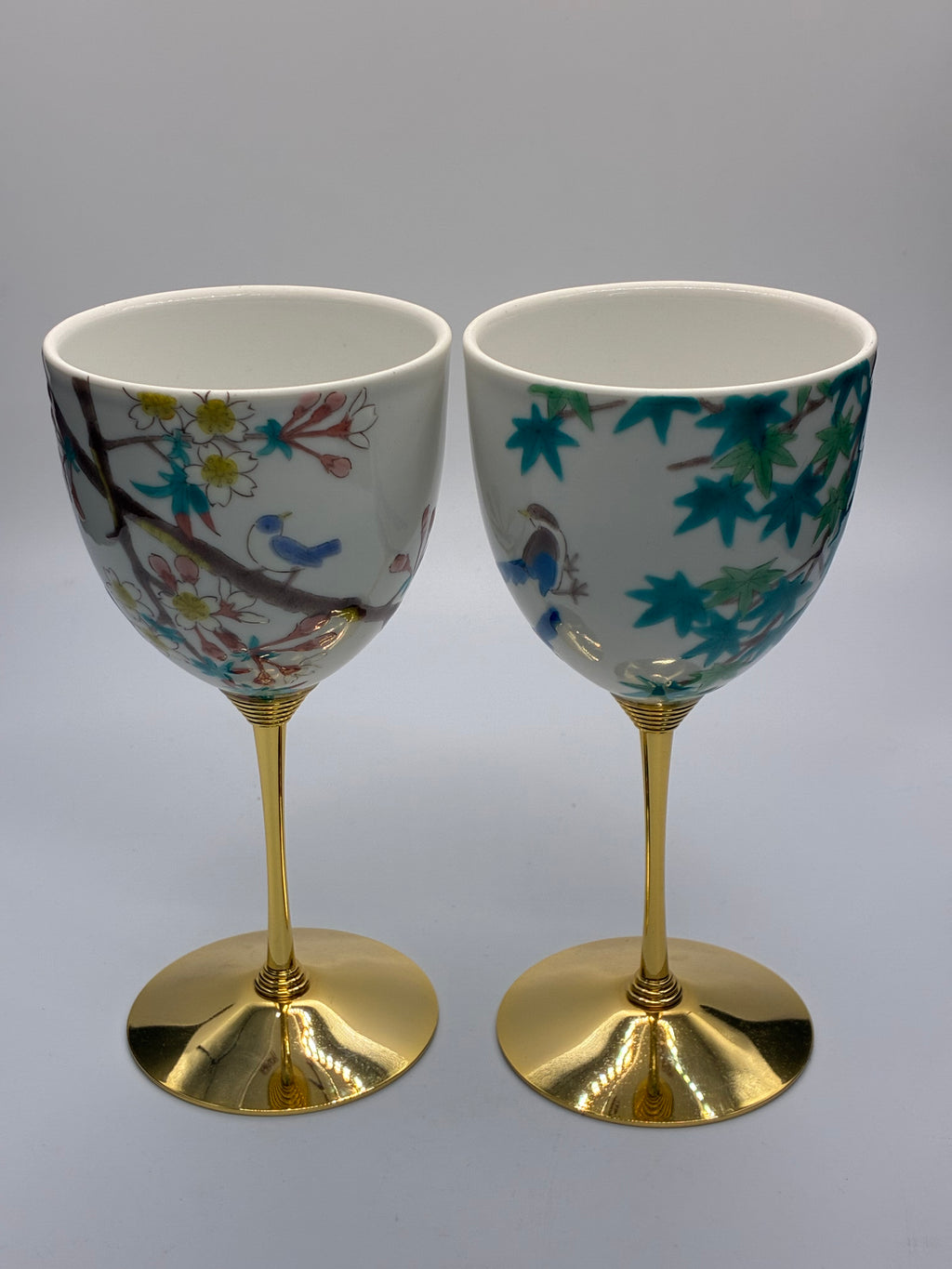 Japanese Porcelain Goblet Cups with Gold Stem – Floral Design, Set of 2