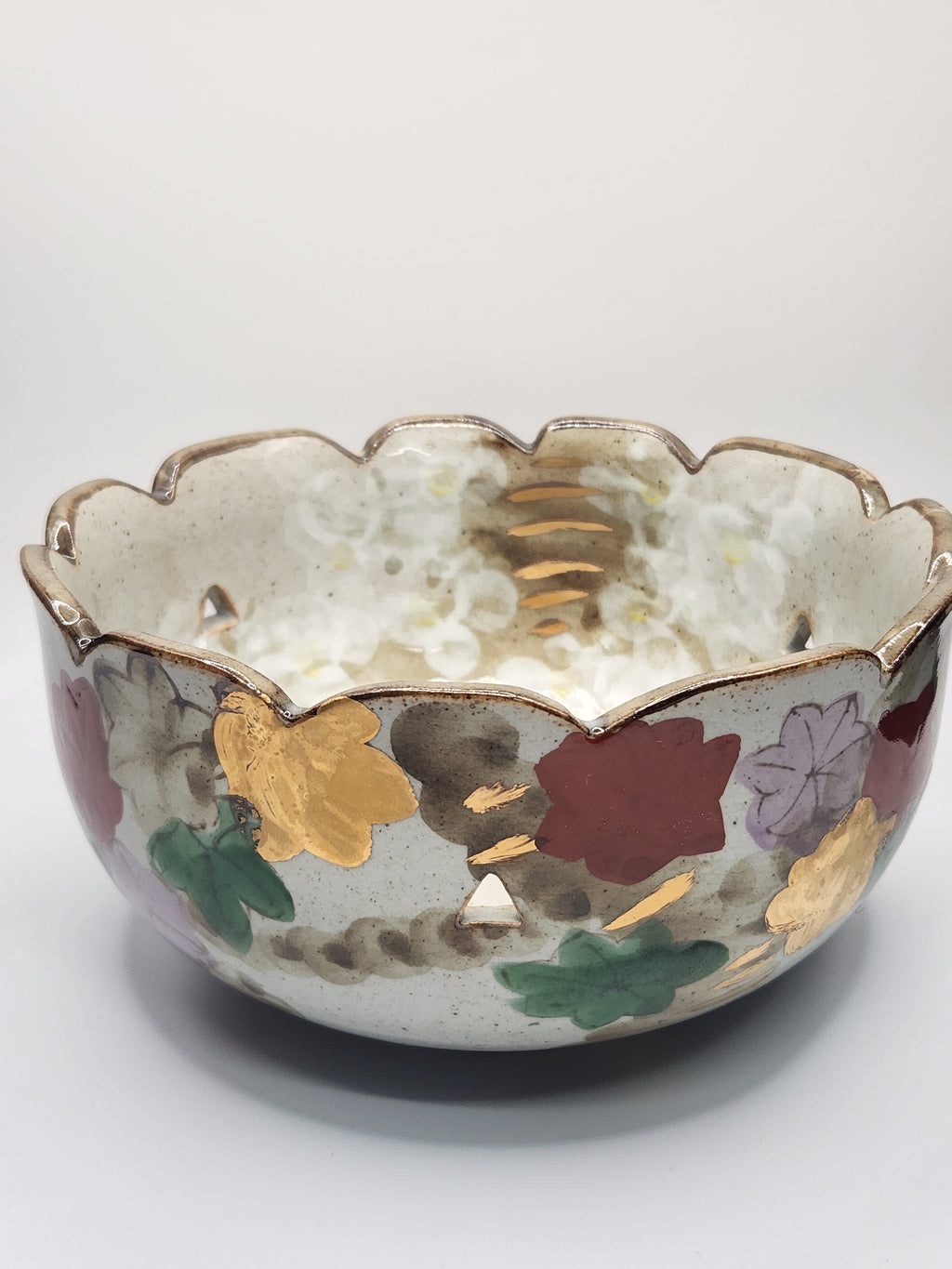Kutani Ware Hand-Painted Floral Bowl with Gilded Rim