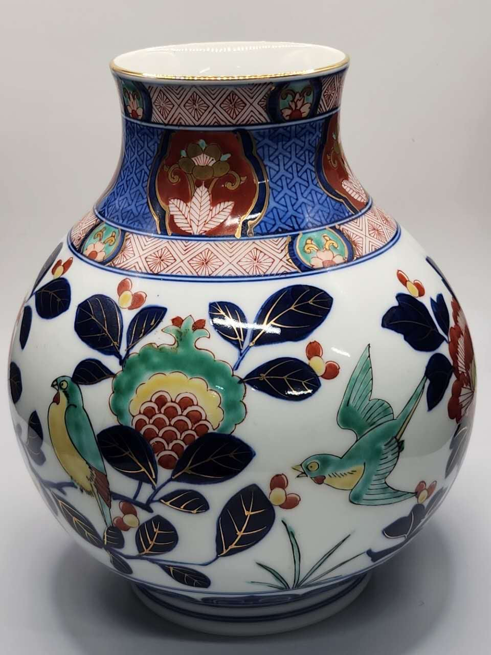 Japanese Hand-Painted Floral & Bird Porcelain Vase
