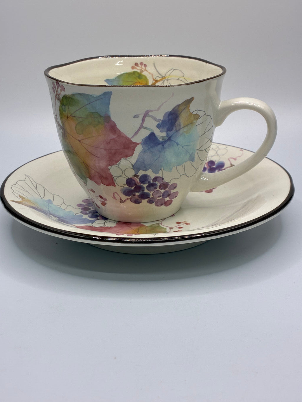 Japanese Colorful Leaf Ceramic Cup & Saucer Set – Artistic Floral & Fruit Design