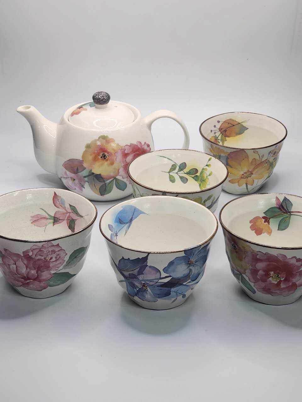 Hand-Painted Floral Japanese Tea Set | Teapot & 5 Cups