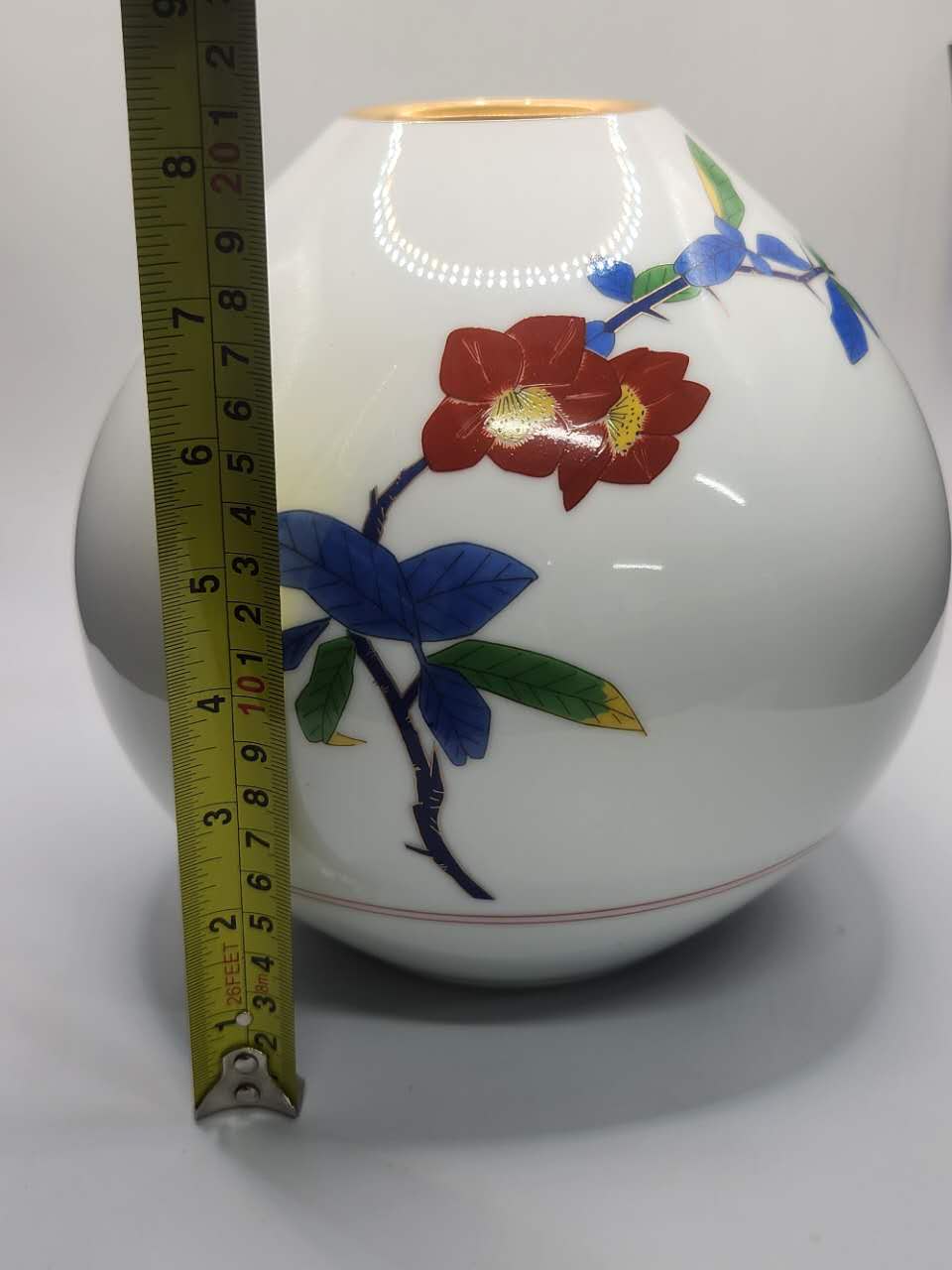 Hand-Painted Floral Porcelain Vase with Gilded Rim