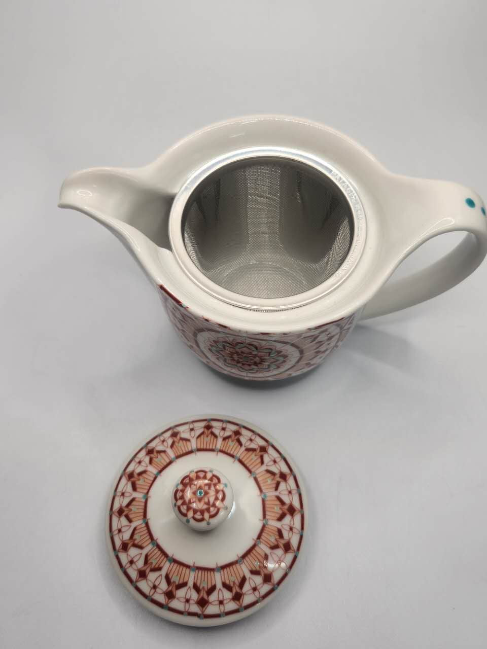 Japanese Porcelain Teapot with Red Geometric Motif