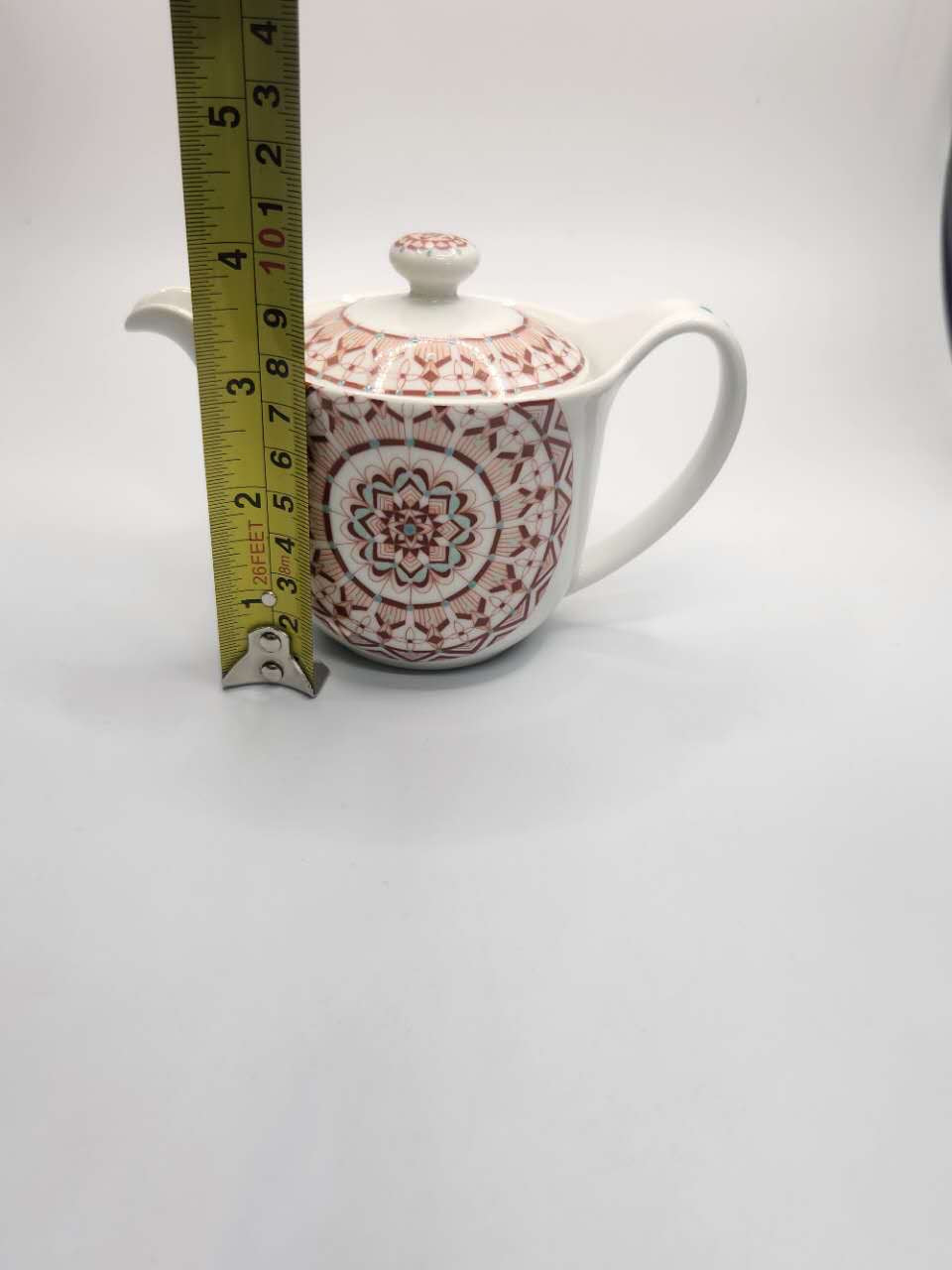 Japanese Porcelain Teapot with Red Geometric Motif