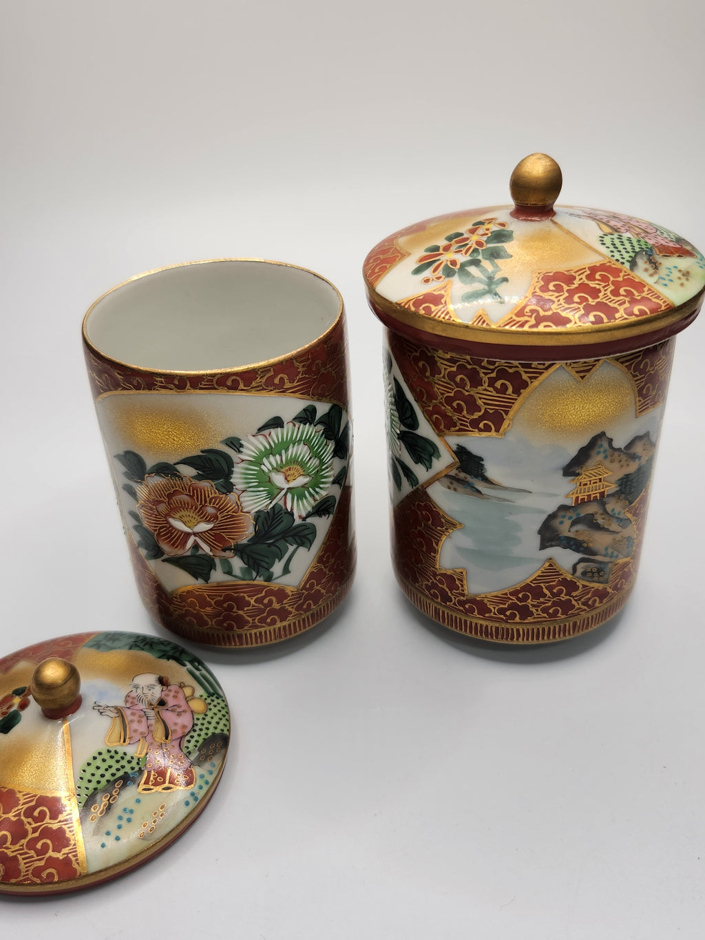 Kutani Ware Covered Tea Cups (Pair) | Hand-Painted & Gilded