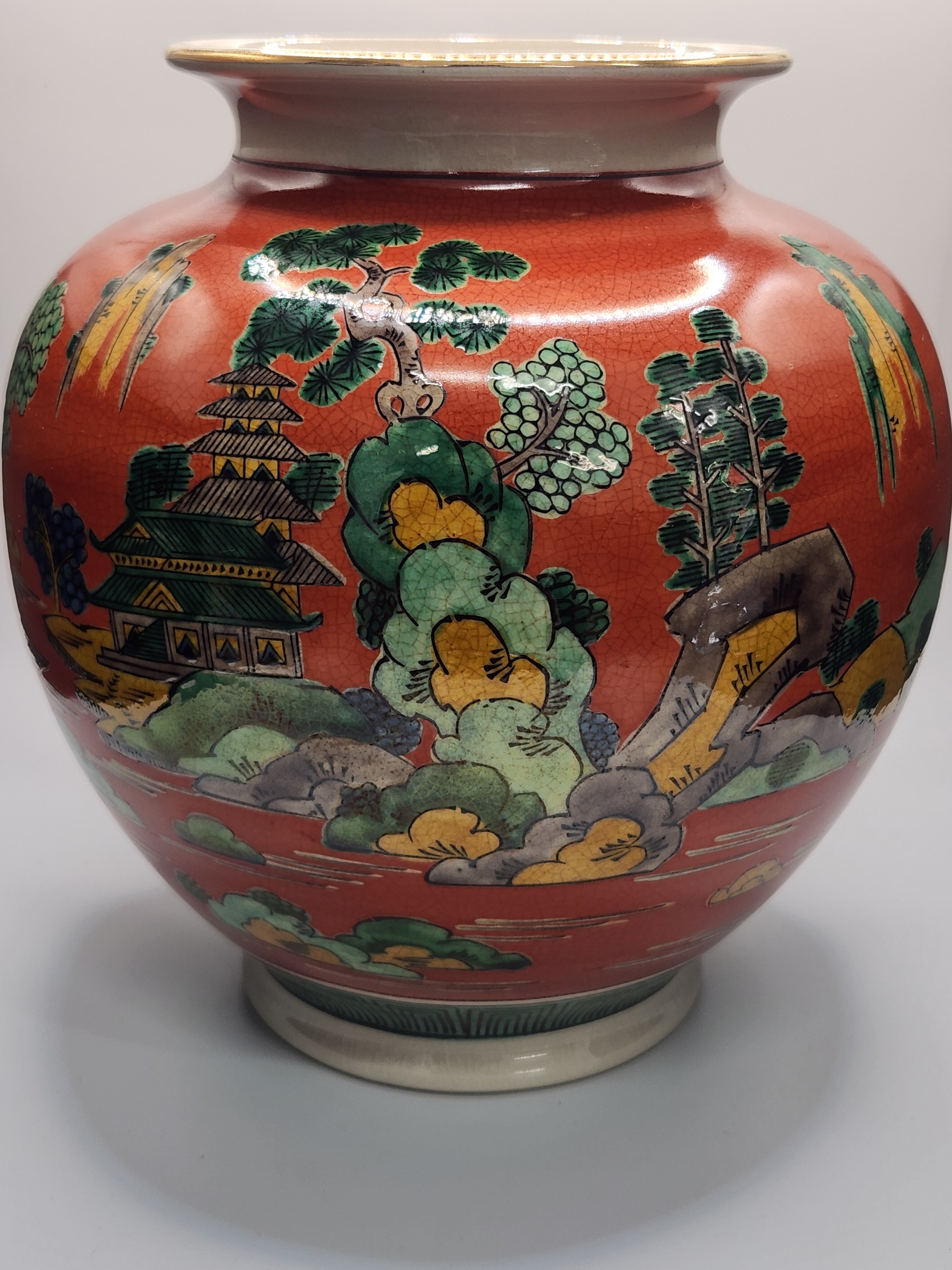 Kutani Ware Hand-Painted Red-Ground Landscape Vase (Vintage)