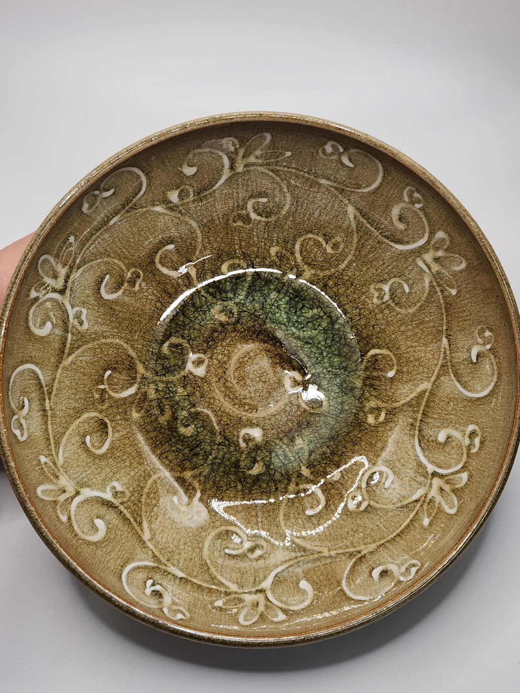 Vintage Japanese Glazed Bowl with Incised Arabesque Pattern