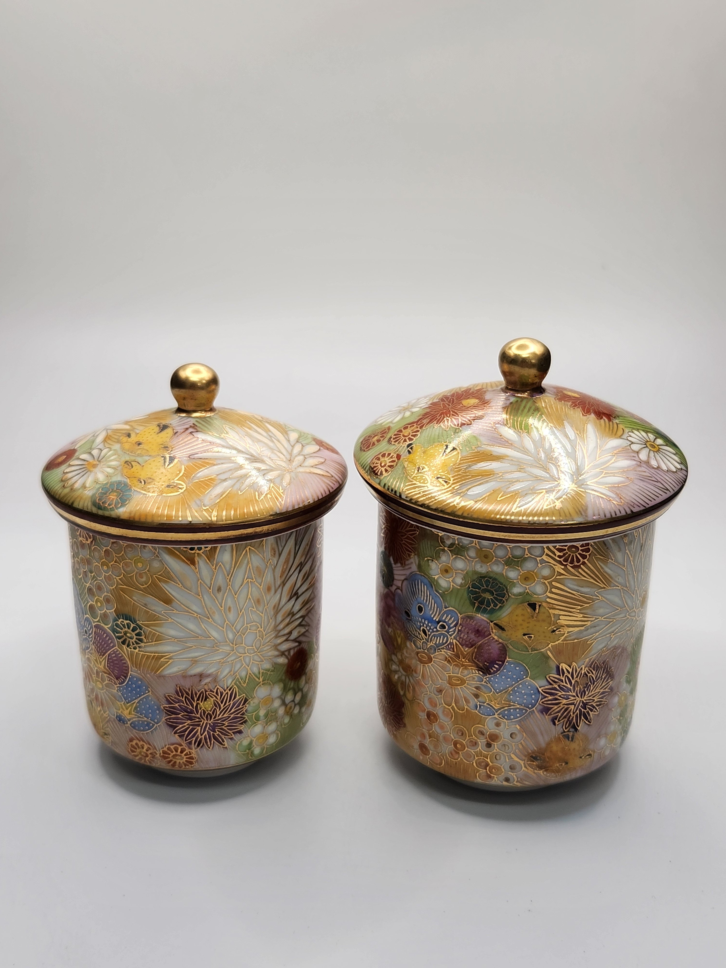 Kutani Ware Hand-Painted Gilded Lidded Tea Cup Pair