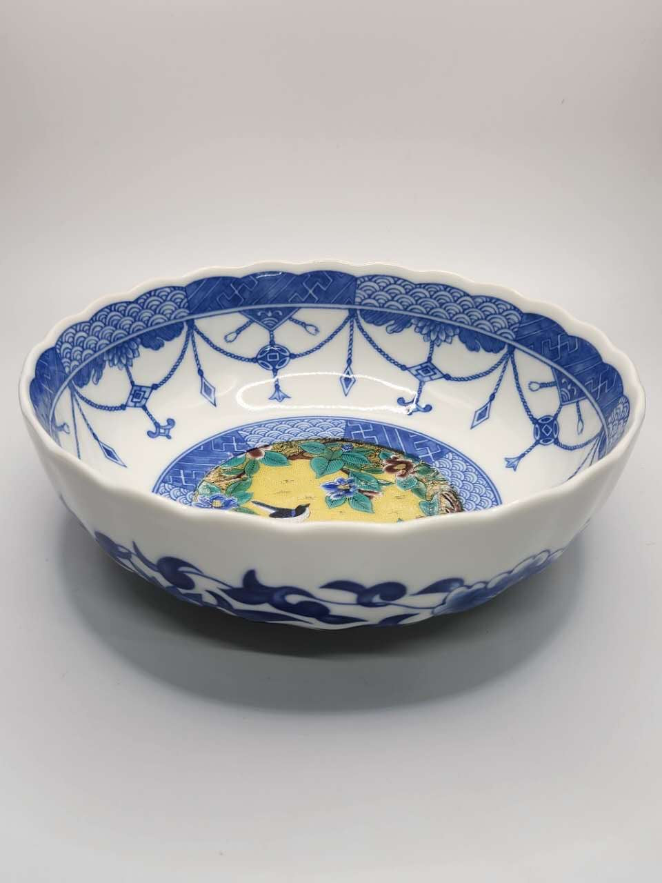 Japanese Blue & White Porcelain Bowl with Polychrome Medallion