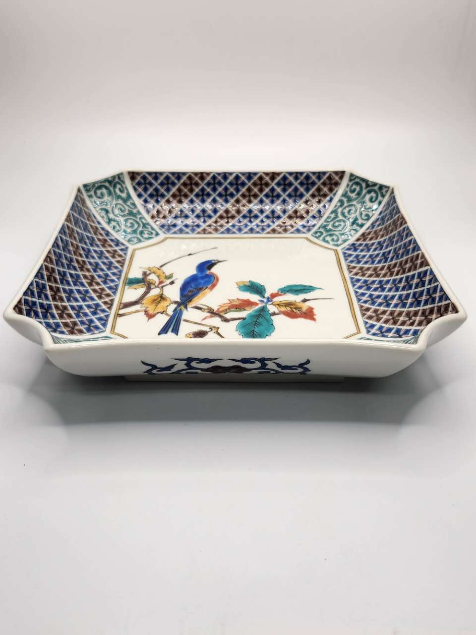 Japanese Hand-Painted Square Porcelain Plate with Bird Motif