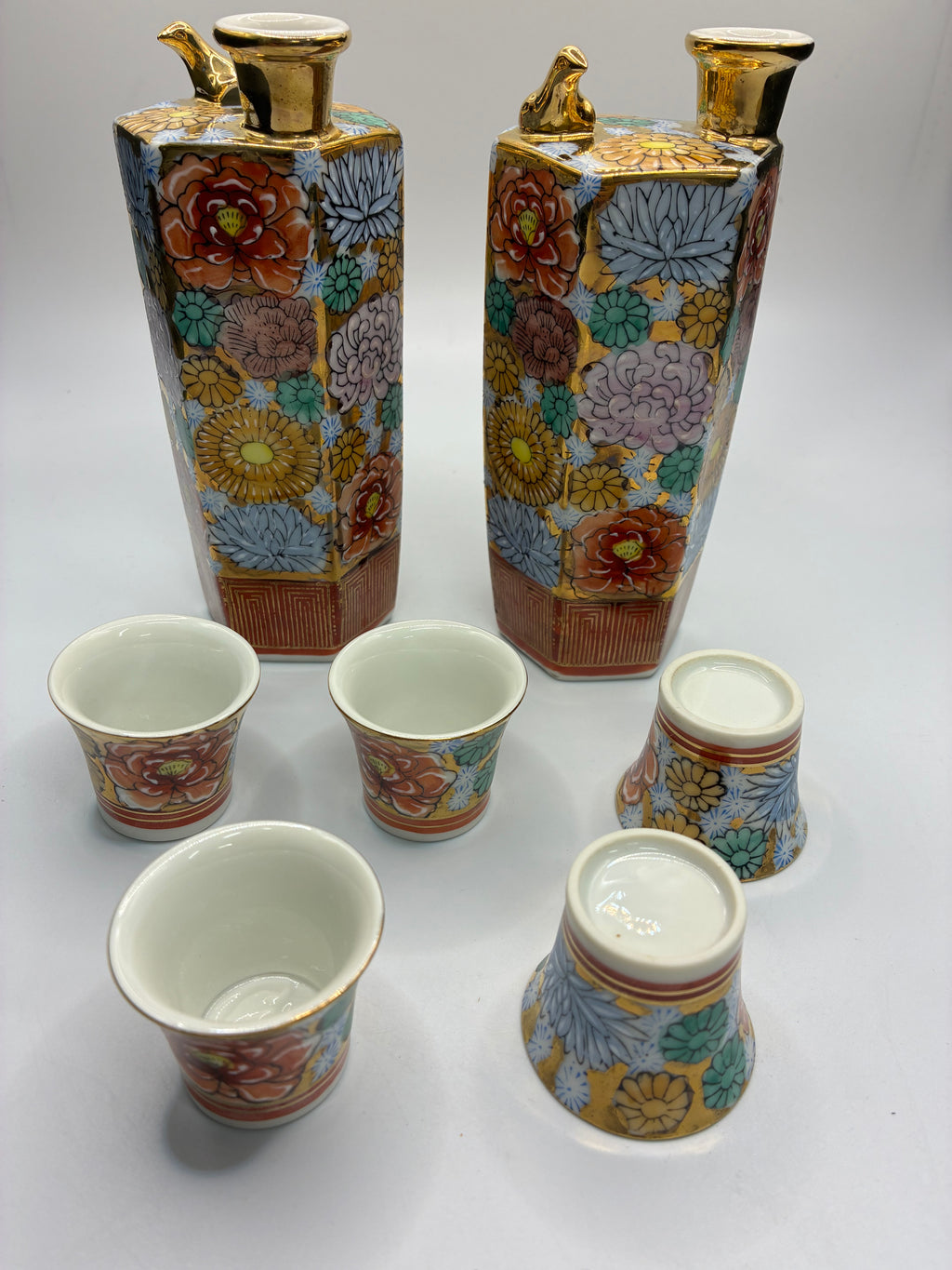 Kutani Ware Phoenix Singing Teapot Set | Hand-Painted “Hundred Flowers” Design | 2 Teapots & 5 Cups